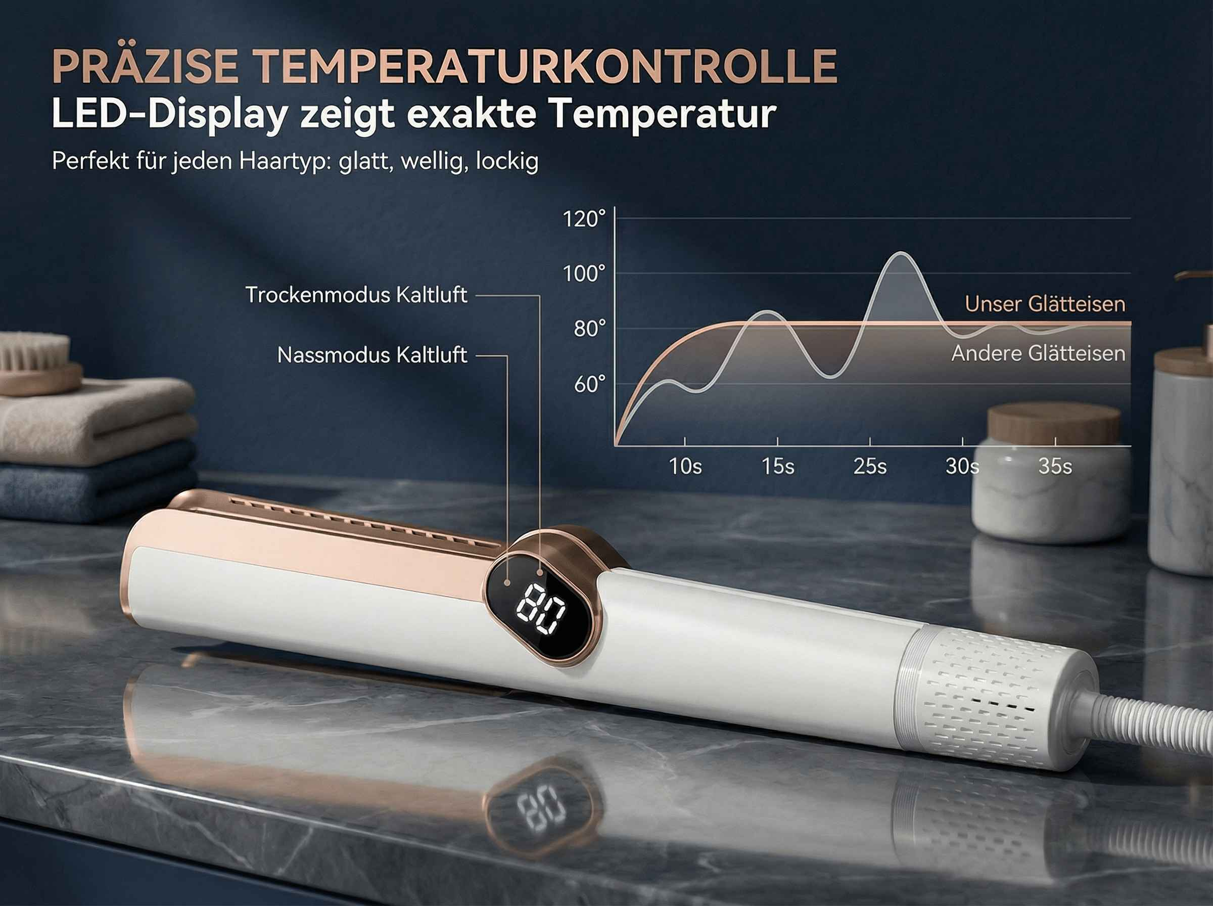 Ein weißes und goldenes Glätteisen mit LED-Display, das 80°C anzeigt.