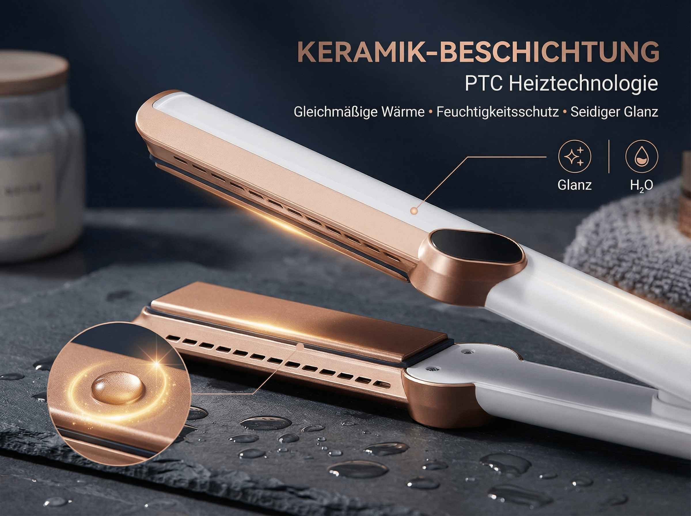 Ein goldfarbener Haarglätter mit Keramikbeschichtung und PTC-Heiztechnologie.