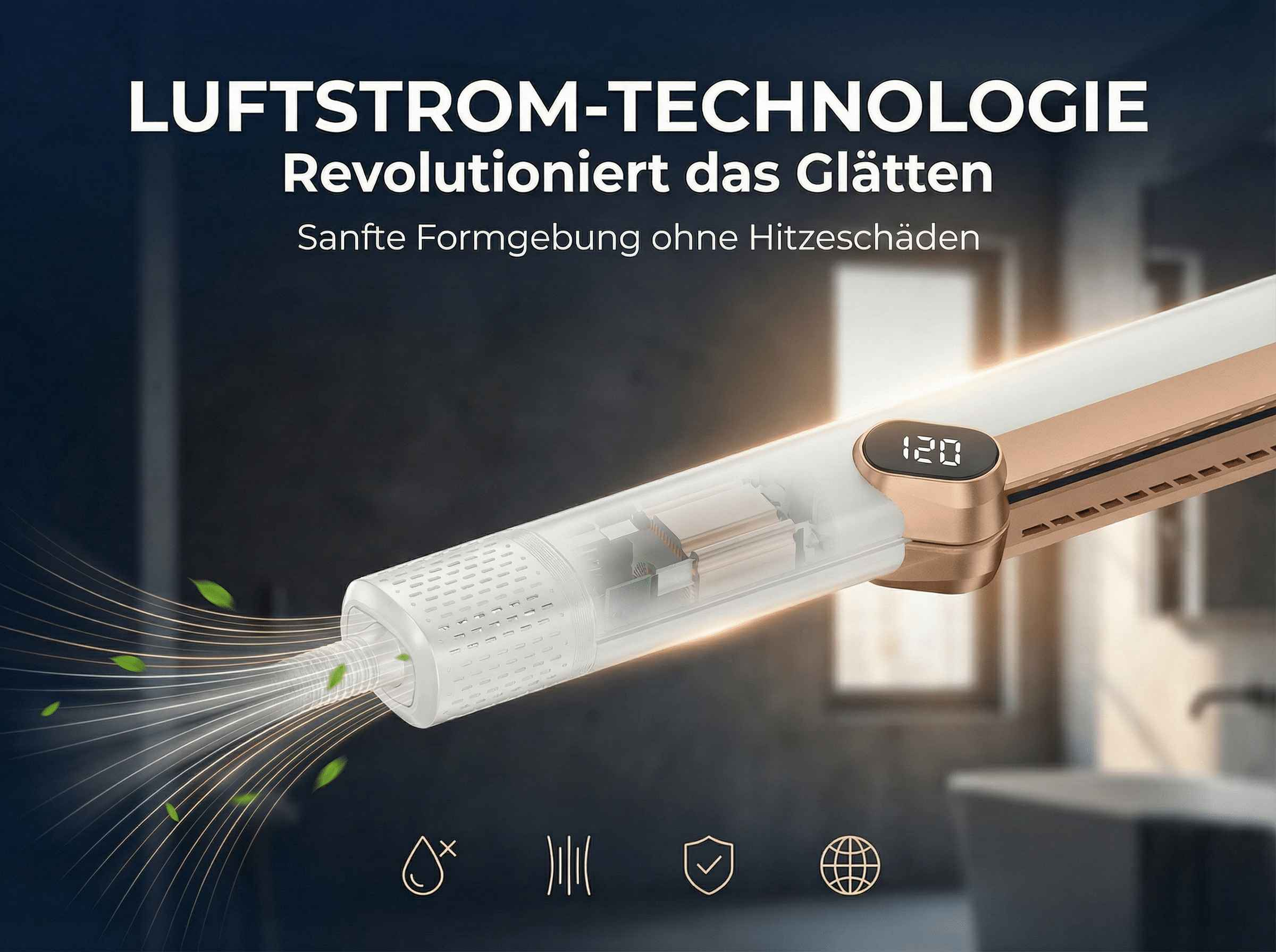 Ein glänzendes Haarglätteisen mit Luftstrom und digitaler Anzeige. Grüne Blätter schweben im Luftstrom.