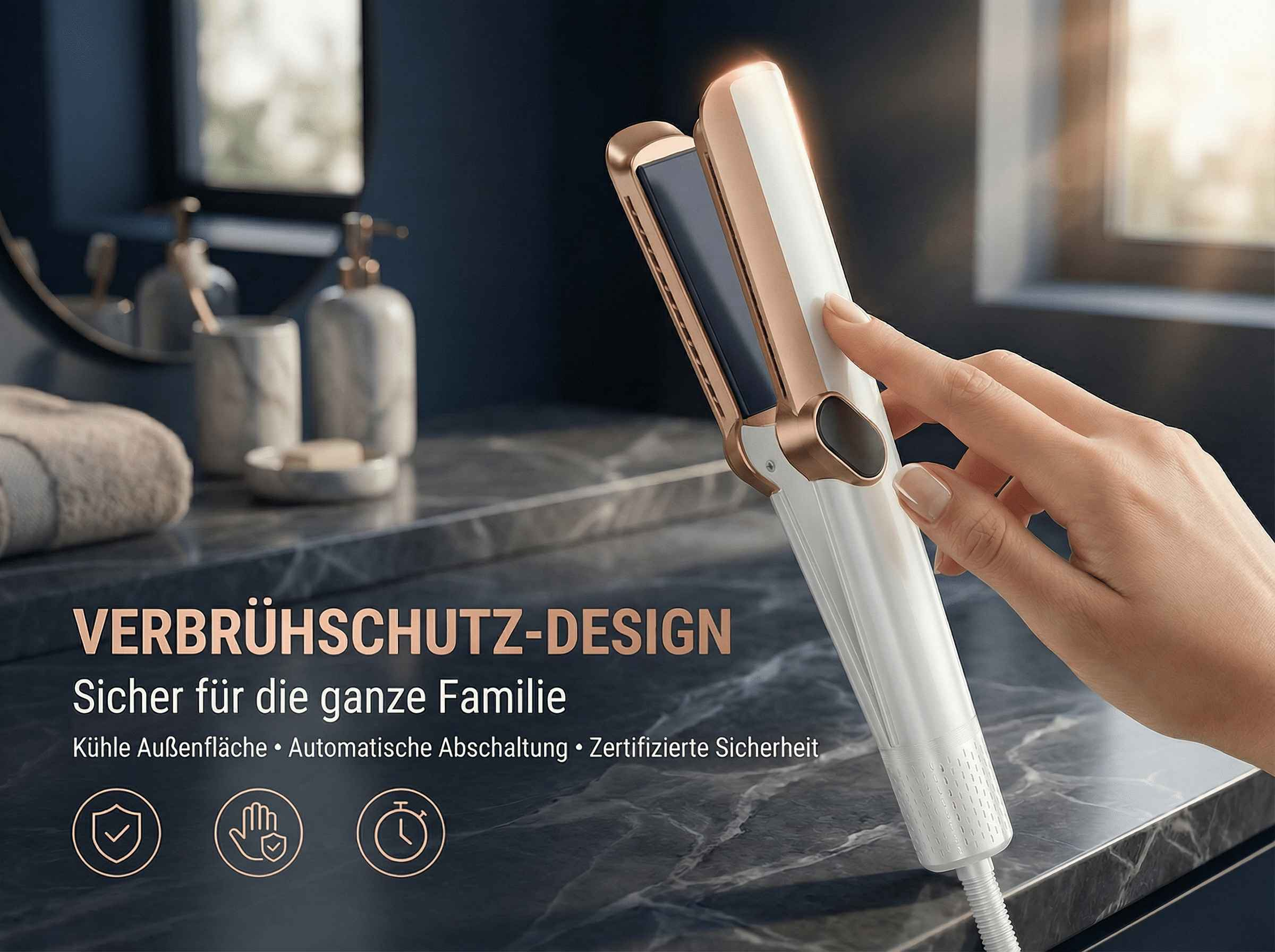 Eine Hand bedient einen weißen und goldenen Haarglätter auf einem Marmortisch.