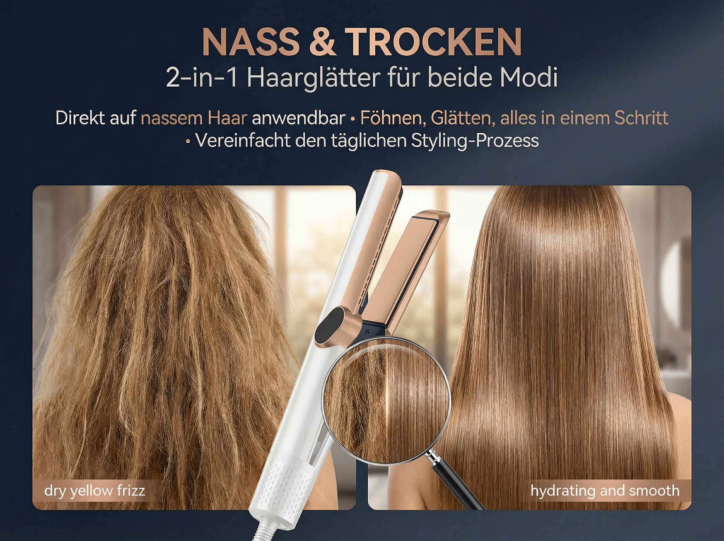 Vorher: trockenes, krauses Haar. Nachher: glattes, hydriertes Haar. 2-in-1 Glätteisen.