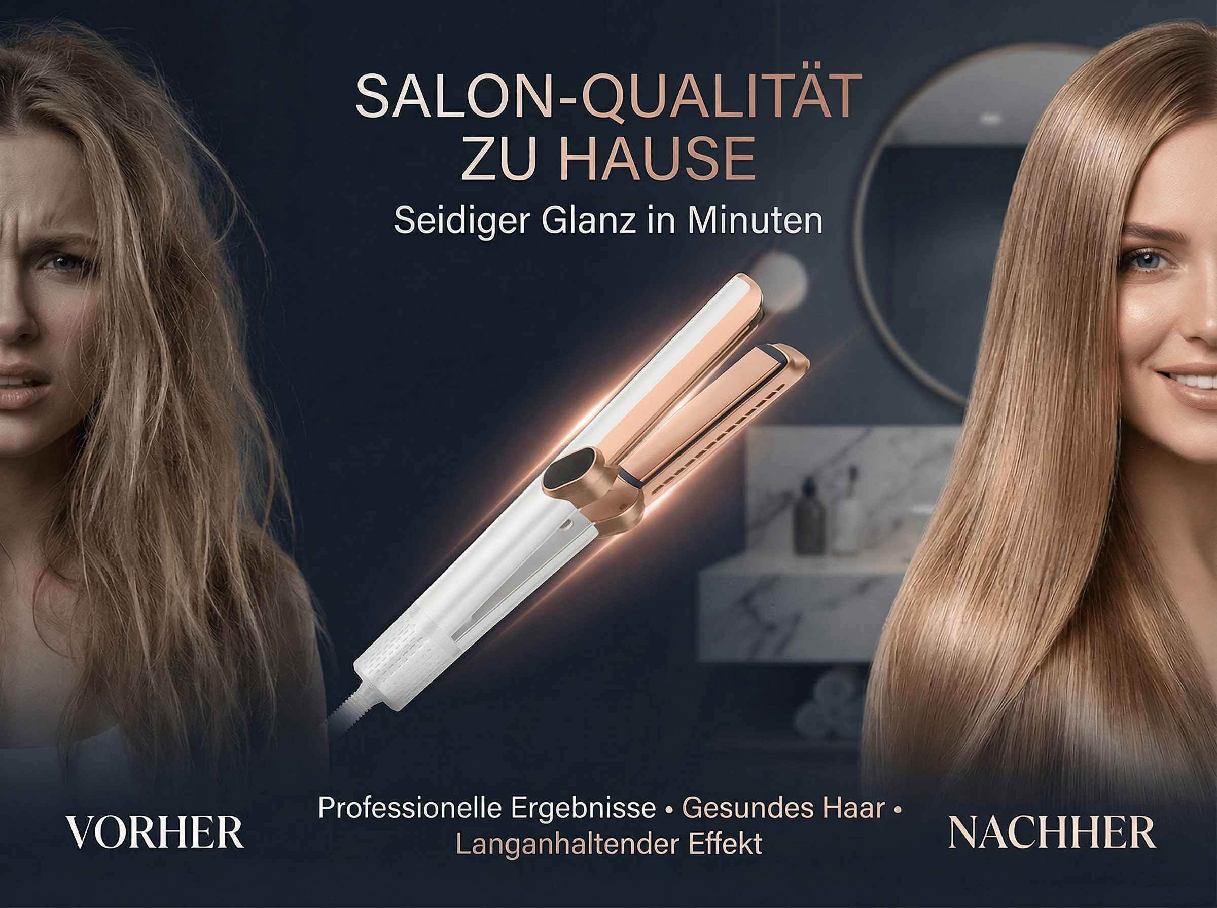 Vorher-Nachher-Vergleich: Frau mit krausem Haar links, glattem Haar rechts. Mittig ein Glätteisen.