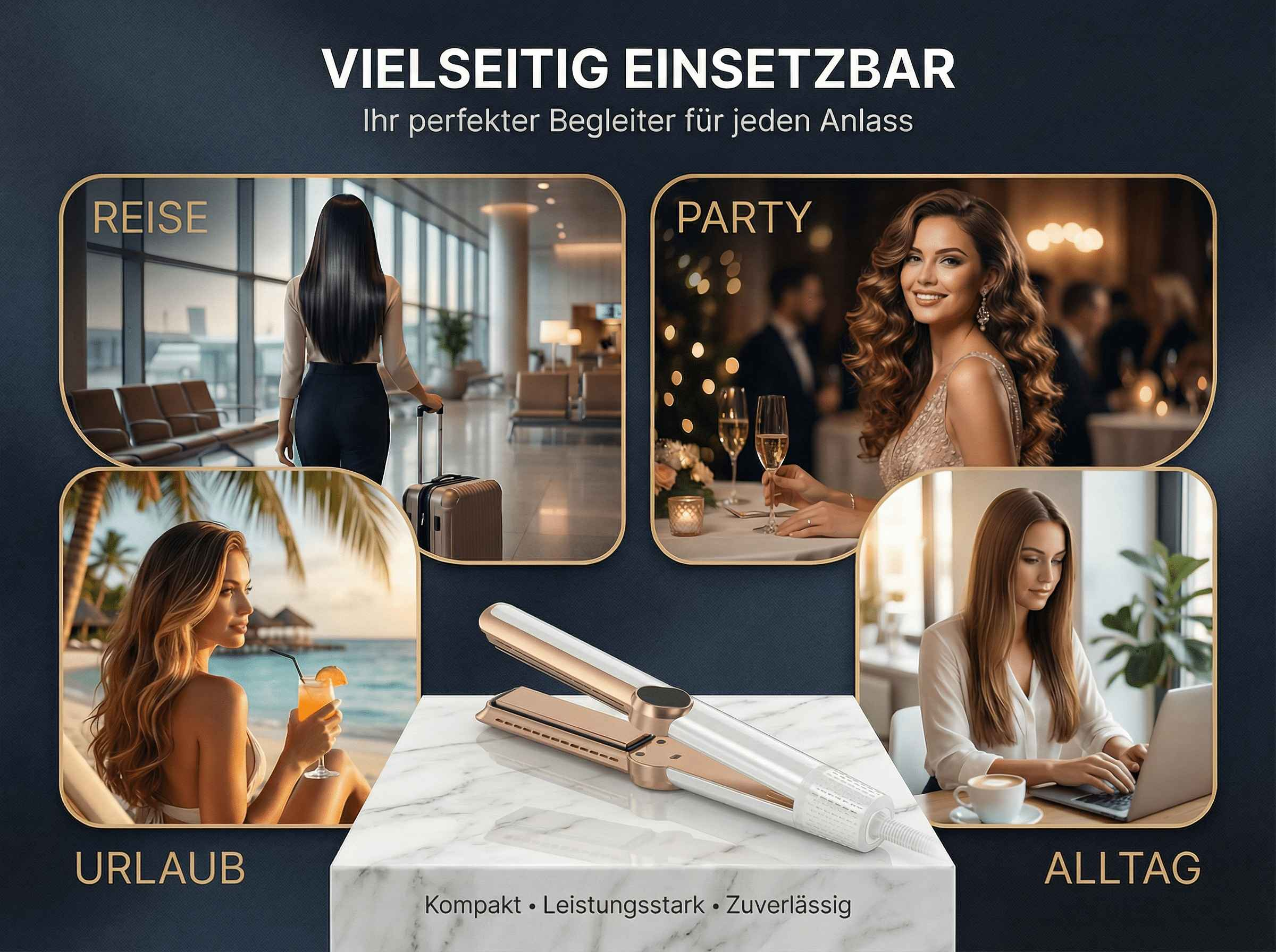 Vielseitig einsetzbar: Reise, Party, Urlaub, Alltag. Mit Styling-Gerät.