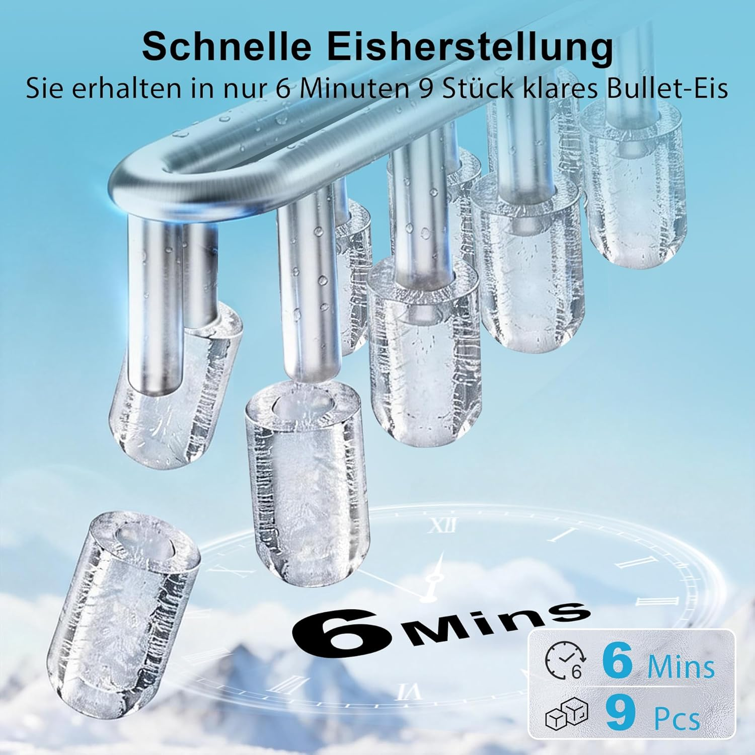 Schnelle Eisherstellung in 6 Minuten: 9 Stück klares Bullet-Eis.