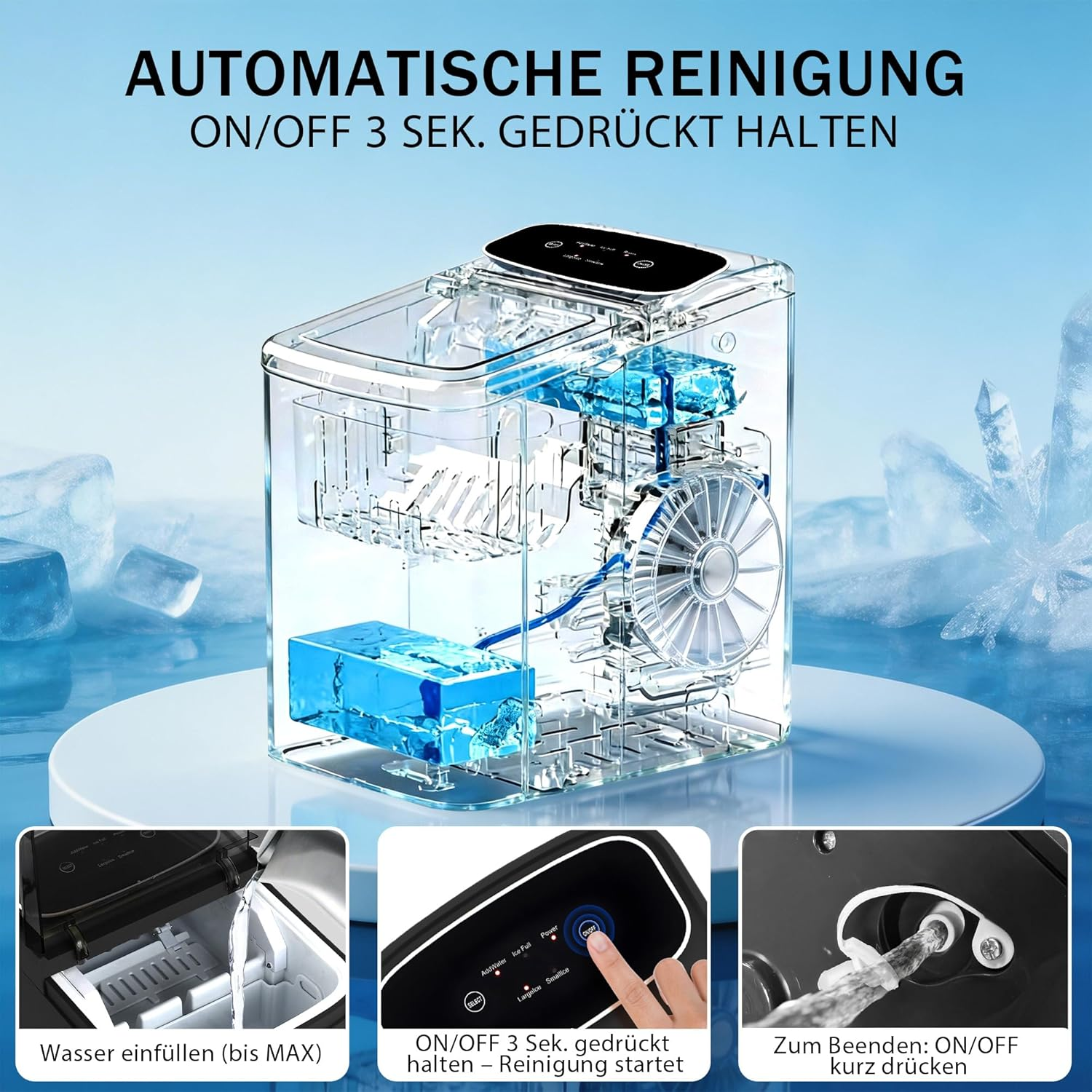 Gerät mit blauem Wasser und Eiswürfeln. Unteransichten zeigen Einfüllen, Bedienfeld und Wasserablauf.