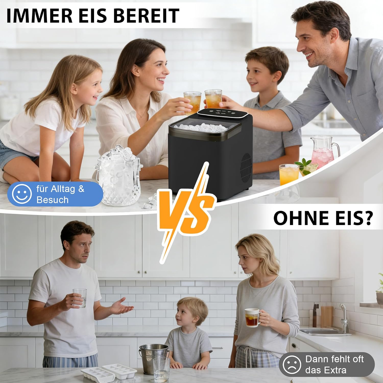 Oben: Familie mit Eismaschine. Unten: Familie ohne Eis.