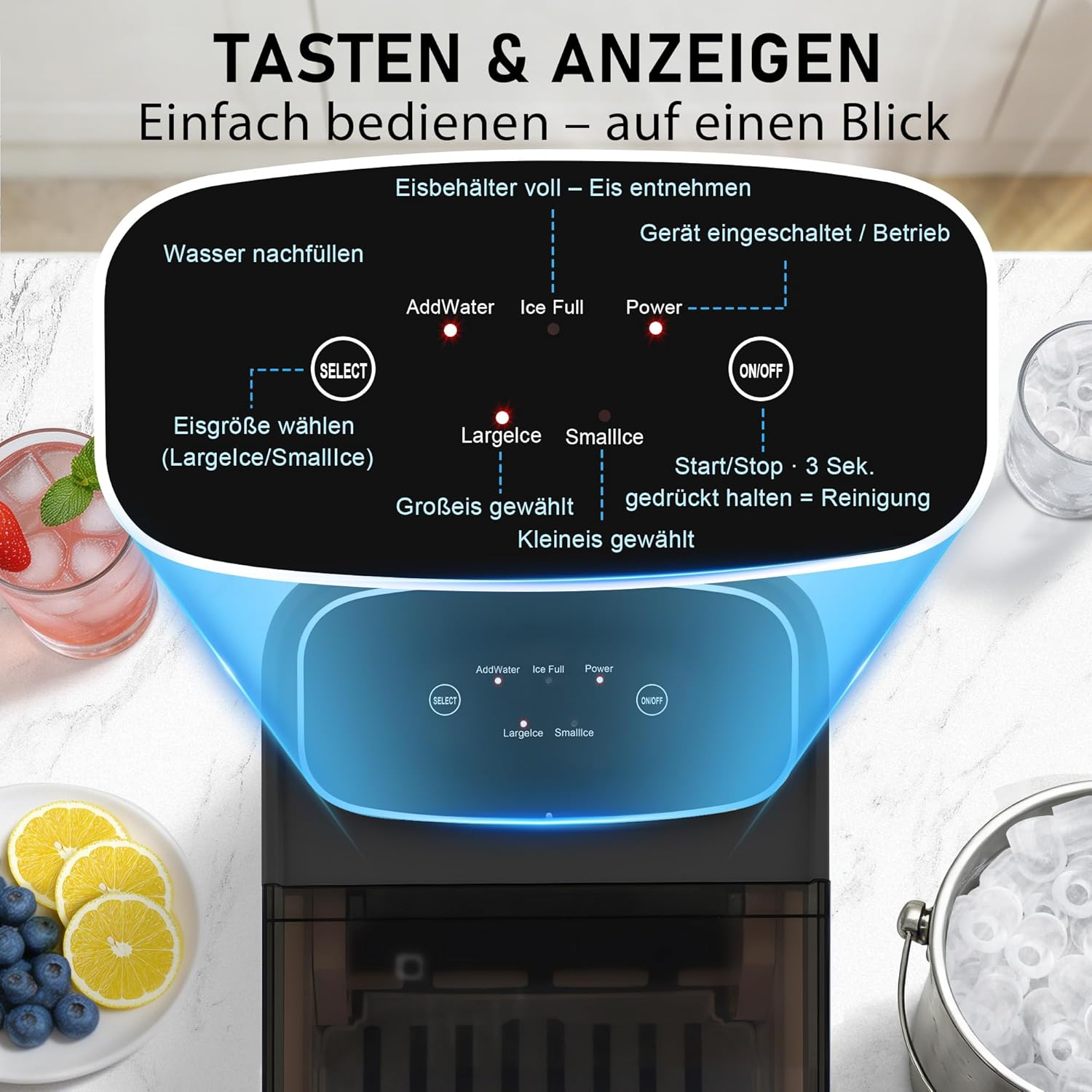 Eismaschine mit Bedienfeld: Wasser nachfüllen, Eisgröße wählen, Betriebsanzeige.