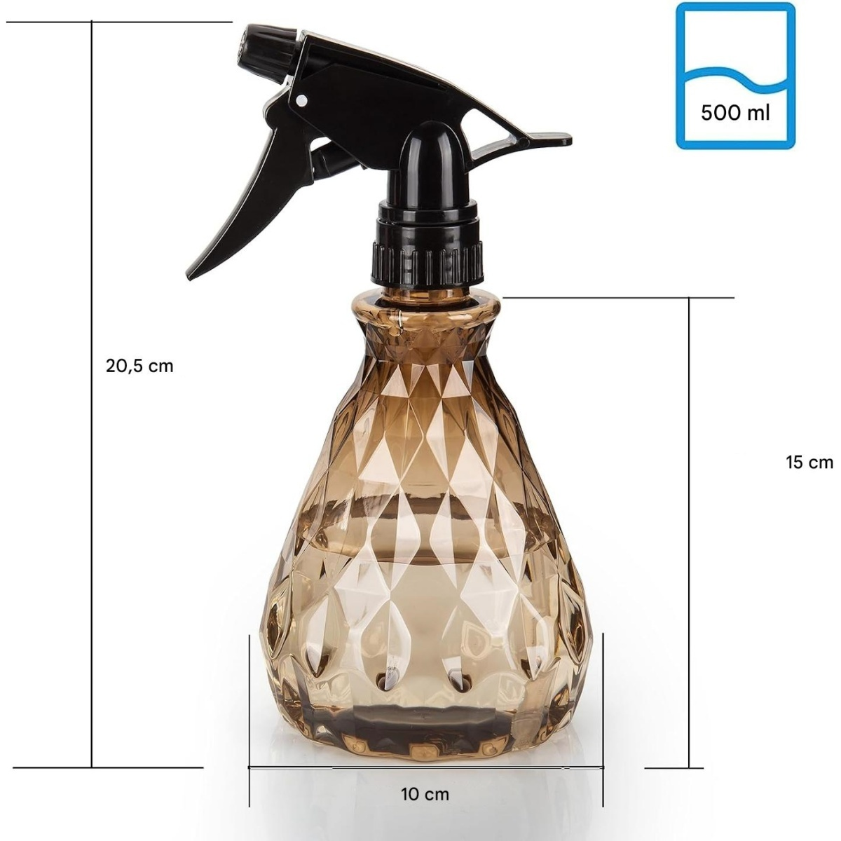 Braune Sprühflasche mit schwarzem Griff, 500 ml Kapazität, 20,5 cm hoch.