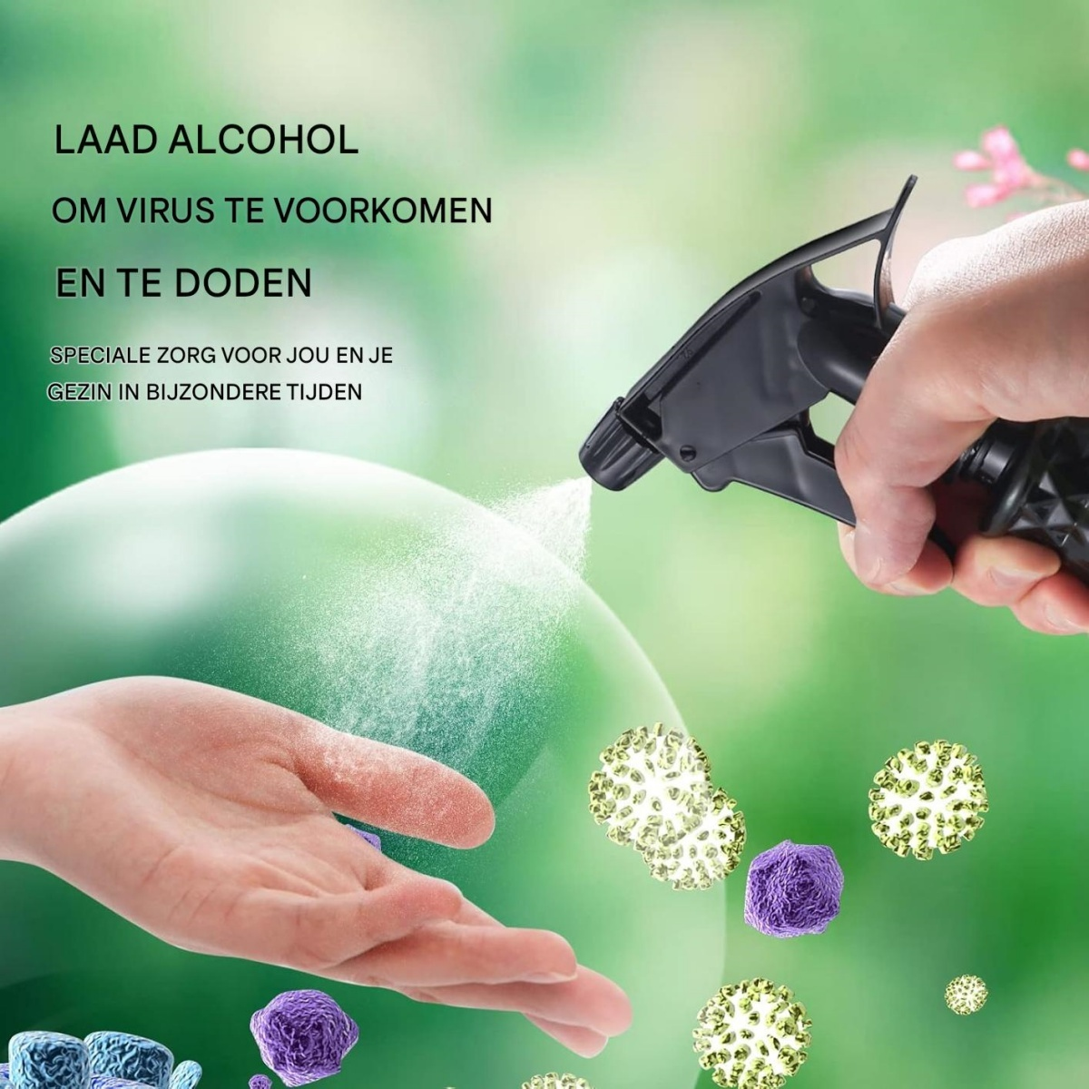 Eine Hand sprüht Desinfektionsmittel auf eine andere Hand, um Viren abzutöten.