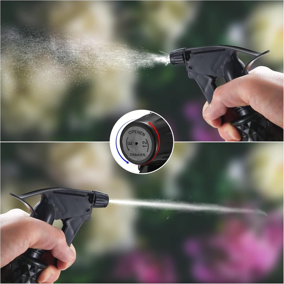 Eine Hand hält eine schwarze Sprühflasche, die feinen Nebel sprüht.