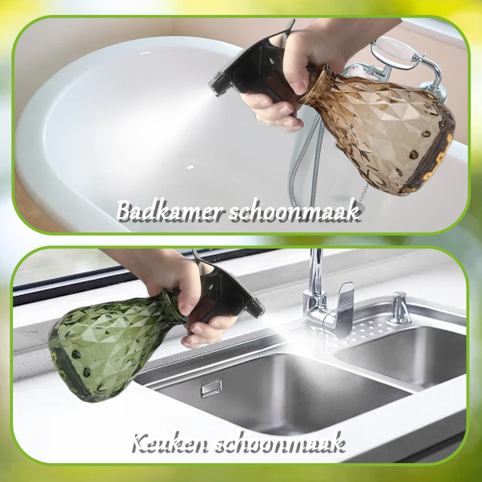 Eine Hand sprüht eine braune Glasflasche in eine weiße Wanne; unten wird eine grüne Flasche in ein Spülbecken gesprüht.