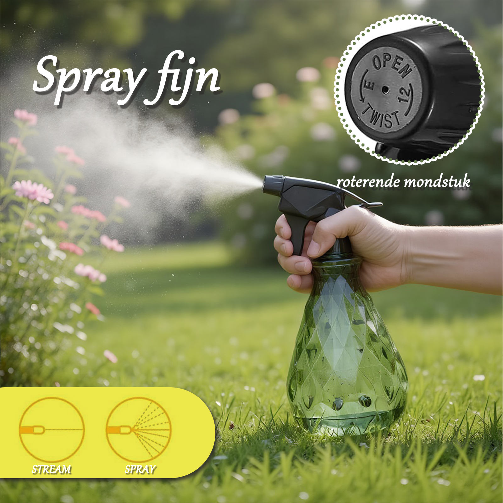 Grüne Sprühflasche sprüht Wasser auf Blumen im Garten. Nahaufnahme.