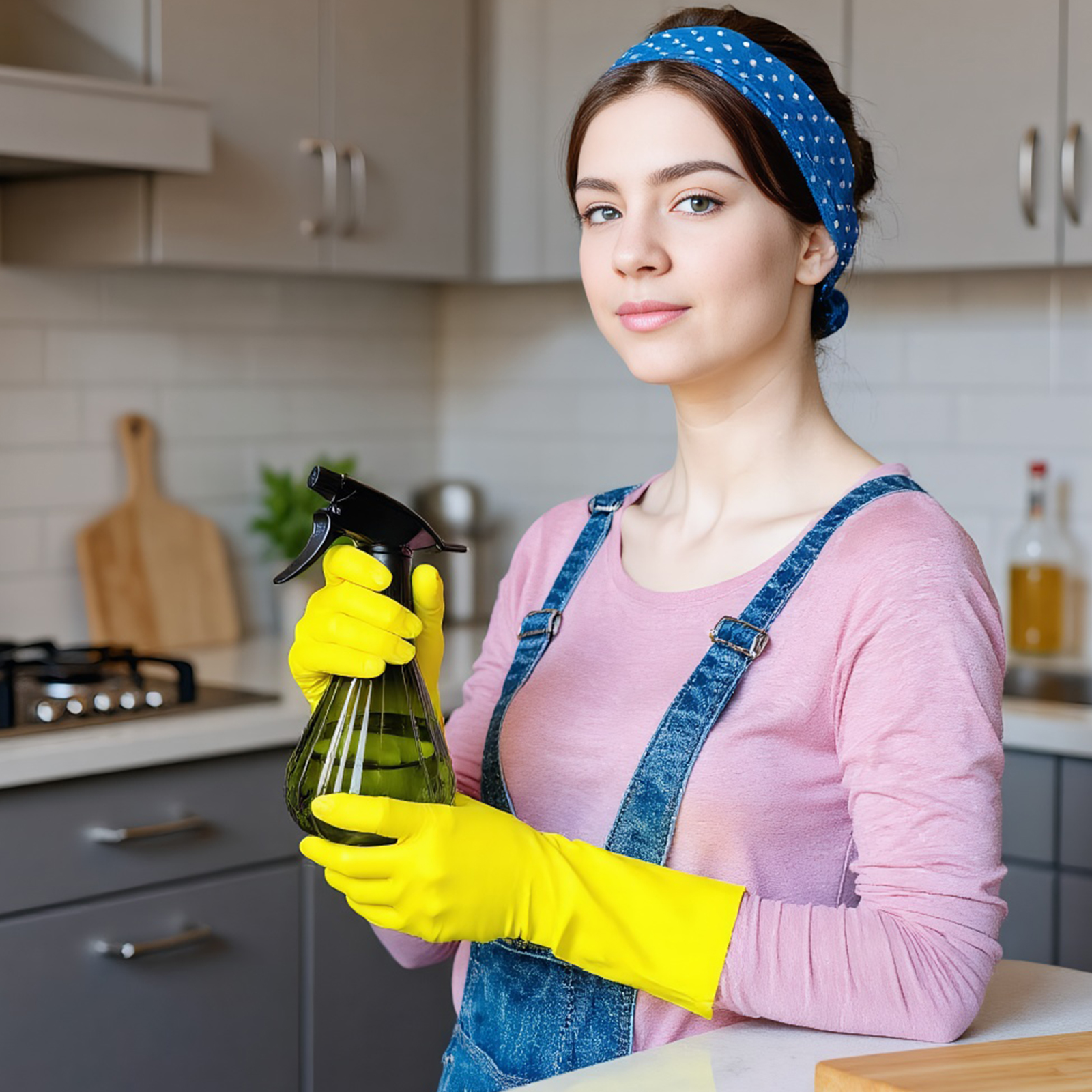 Eine Frau mit gelben Handschuhen hält eine Sprühflasche in einer Küche.