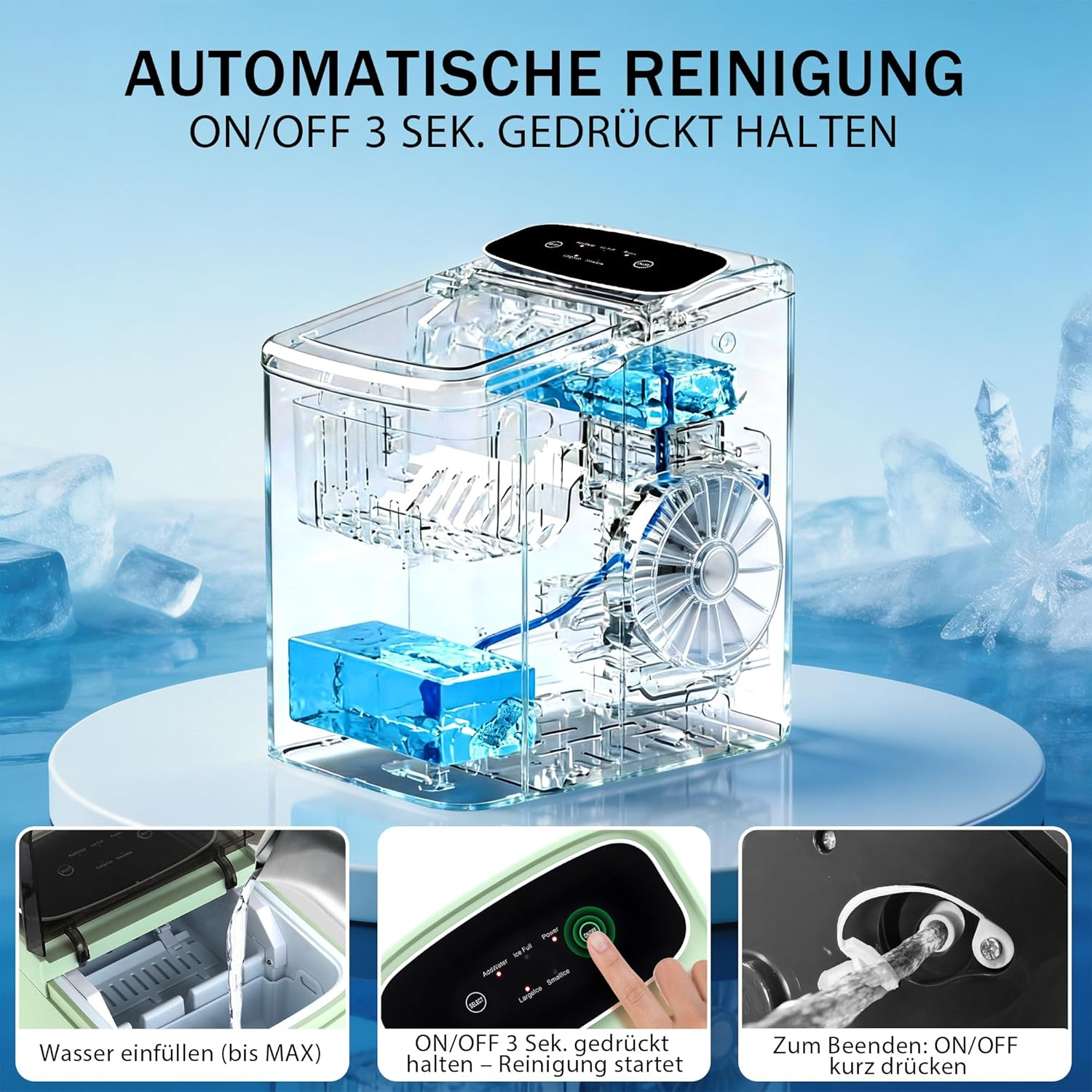 Eine automatische Eismaschine mit drei Detailansichten. Links: Wasser wird eingefüllt. Mitte: Knopf wird gedrückt.