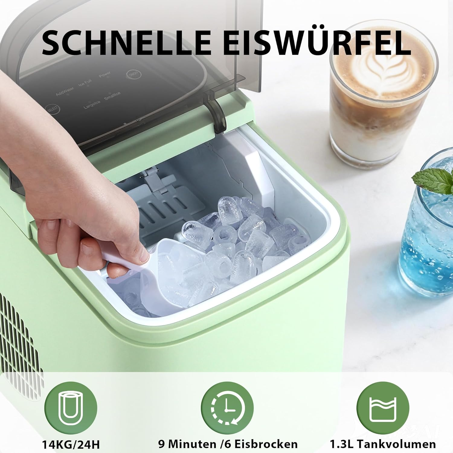 Eine grüne Eismaschine mit Eis und Kaffee.