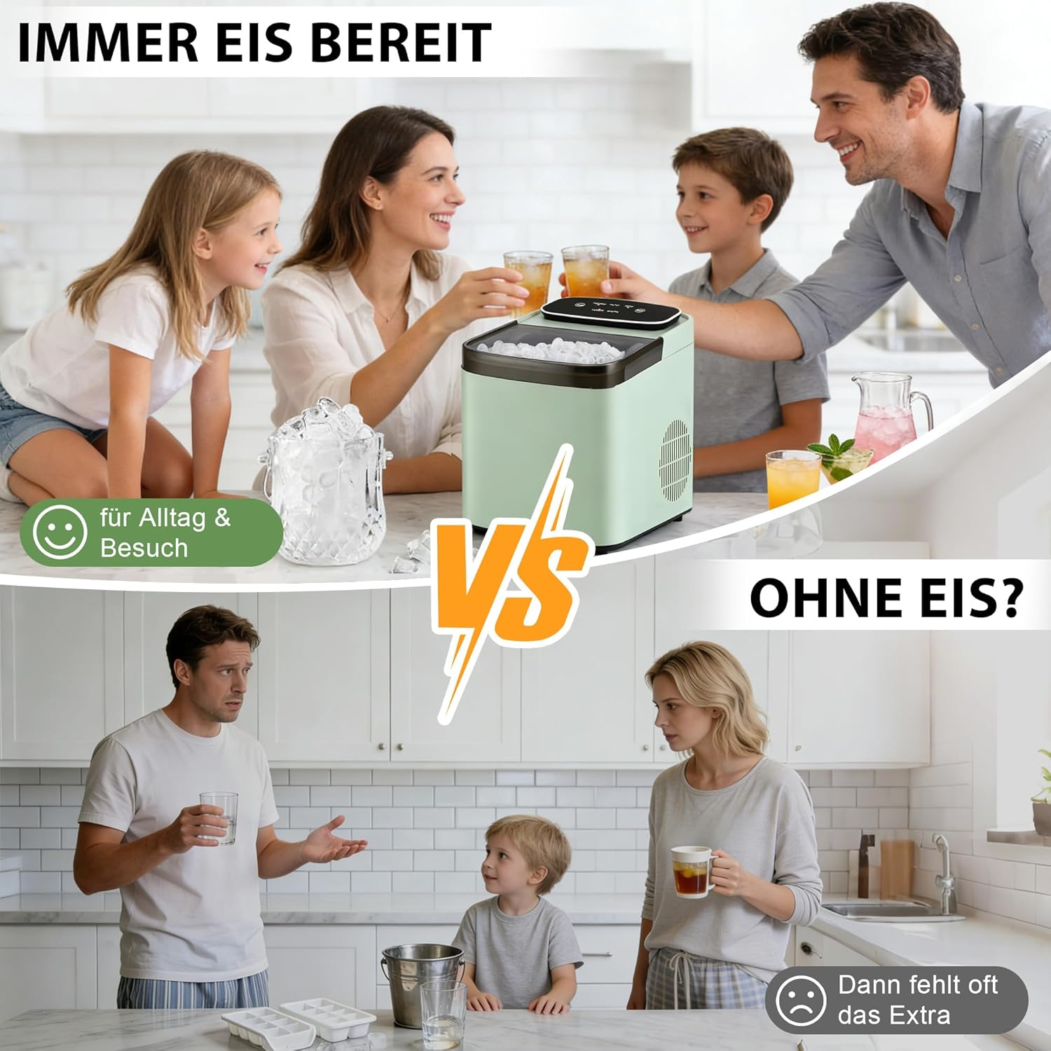Eine Familie mit Eismaschine und eine Familie ohne Eis, die frustriert aussieht.