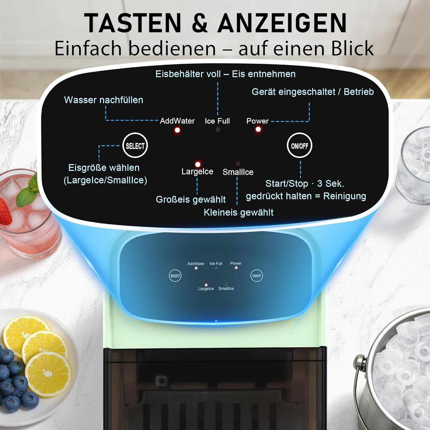 Eismaschine mit Bedienfeld: Wasser nachfüllen, Eisgröße wählen, Power- und Ein/Aus-Knopf.
