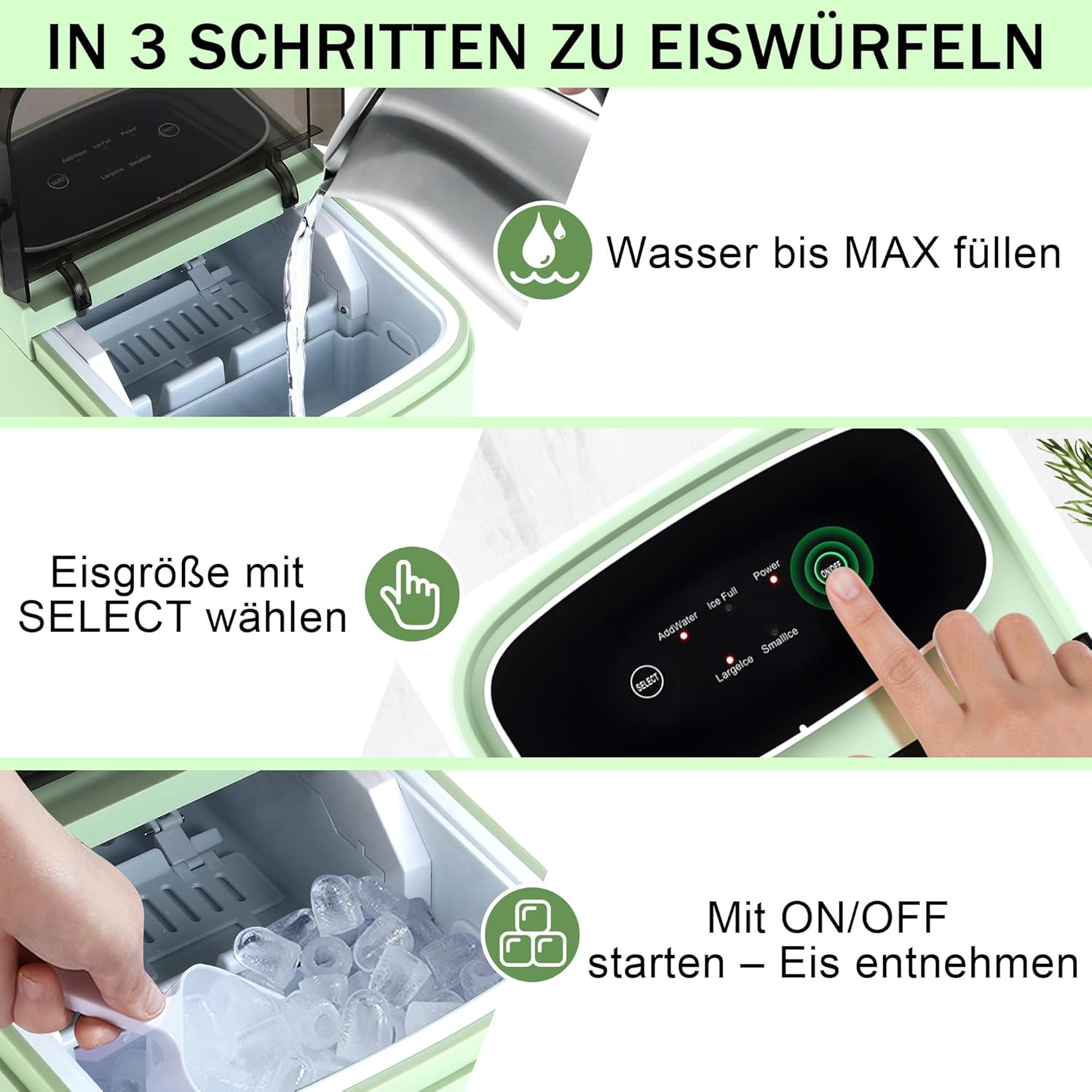 Eiswürfelmaschine: Wasser einfüllen, Größe wählen, Eis entnehmen.