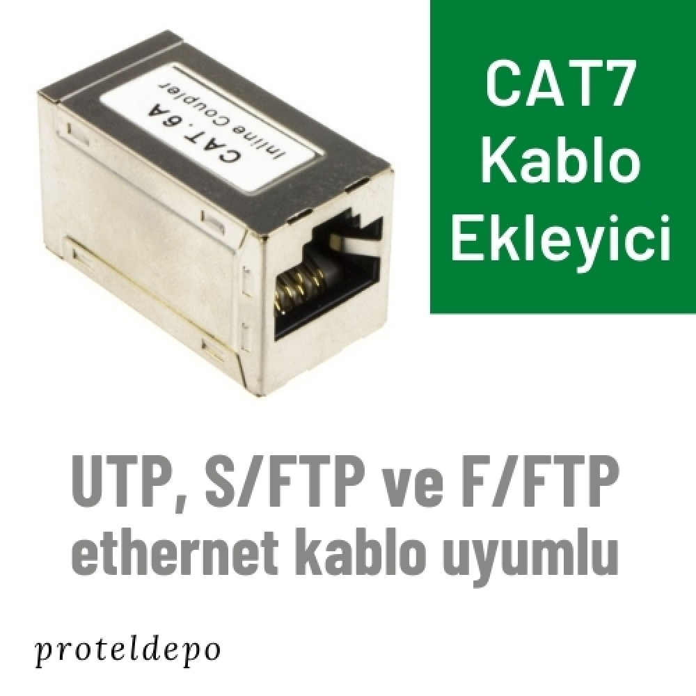 Etiketli ve Ethernet portlu gümüş renkli CAT7 kablo ekleyici.