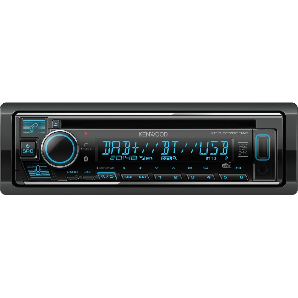 Ein Kenwood Autoradio mit DAB+, Bluetooth und USB-Anschluss. Zeigt Zeit und Sender an.