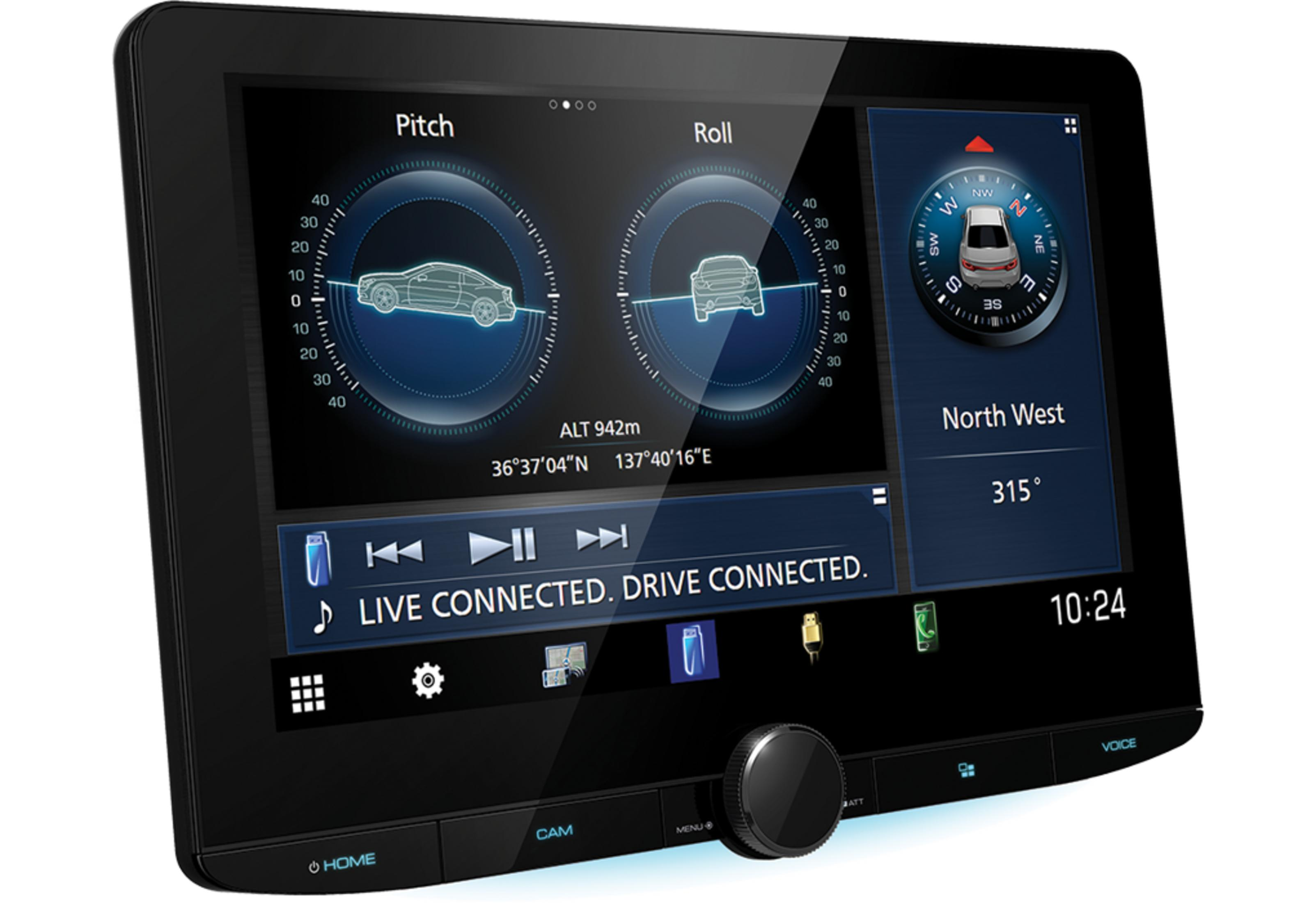 Ein Auto-Infotainmentsystem zeigt Pitch-, Roll-, Kompass und Navigationsdaten an.