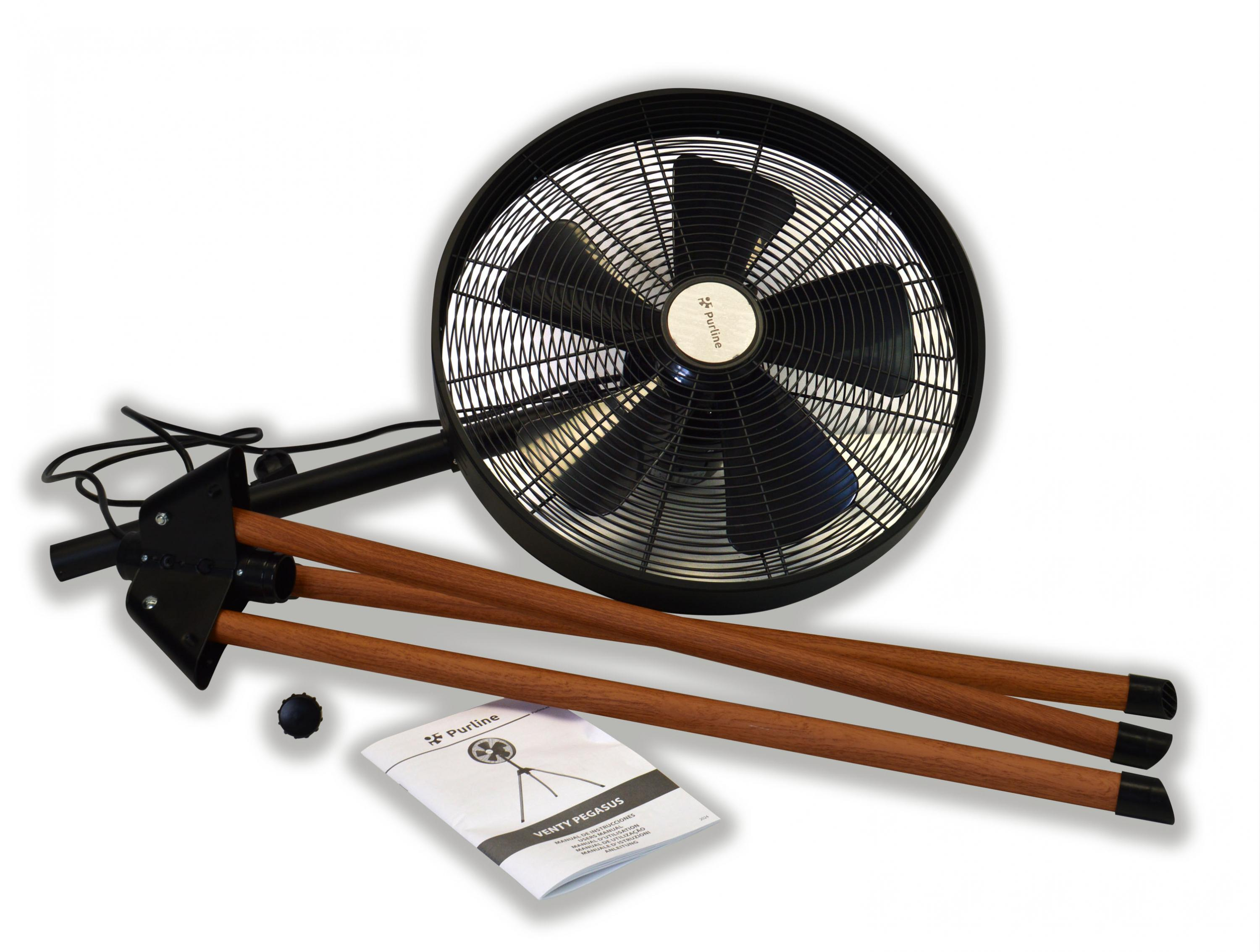 Un ventilatore nero con gambe in legno e un manuale.