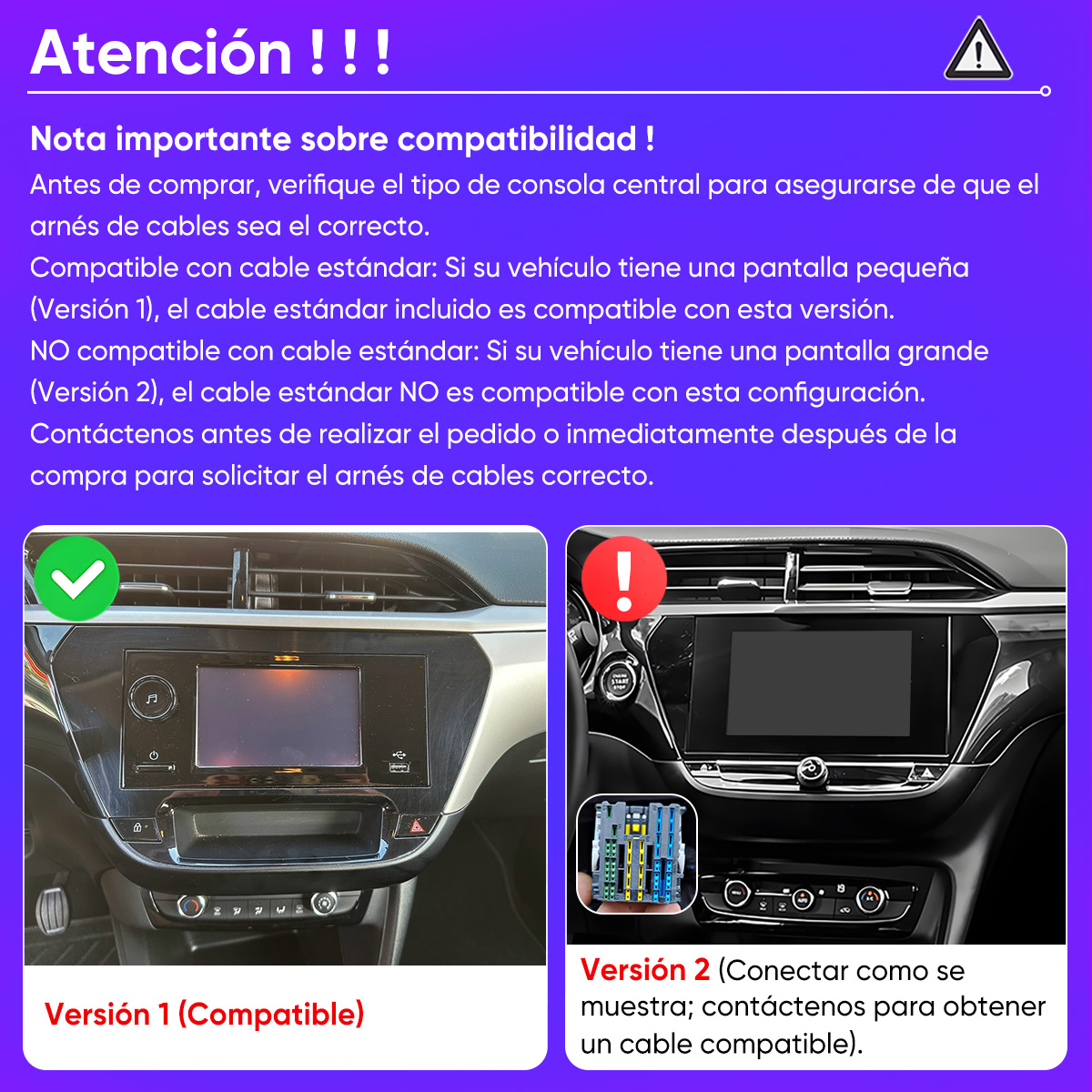Dos tableros de coche con pantallas: Versión 1 (compatible) y Versión 2 (no compatible).