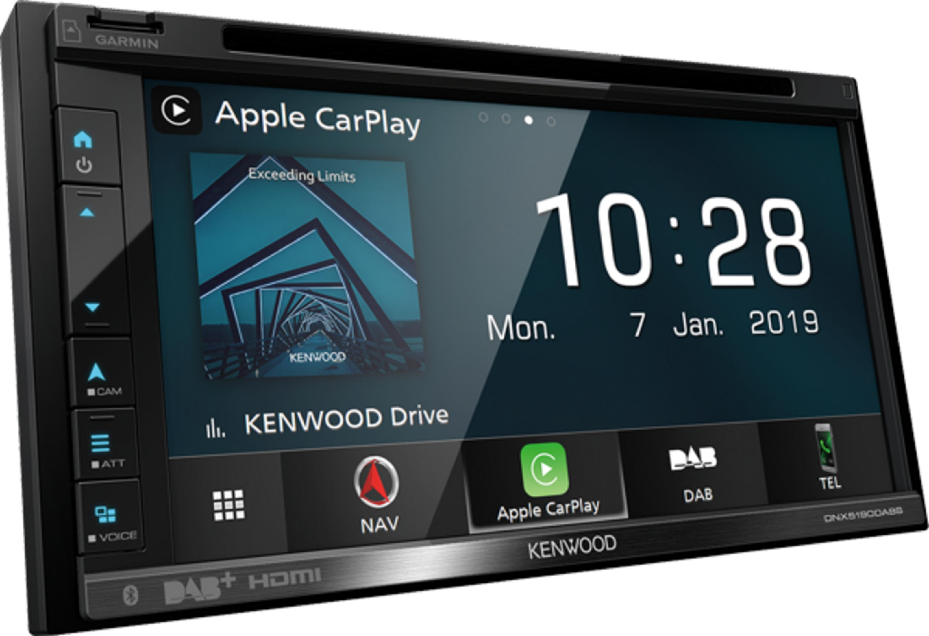 Ein Kenwood Autoradio mit Apple CarPlay, Uhrzeit und Datum.