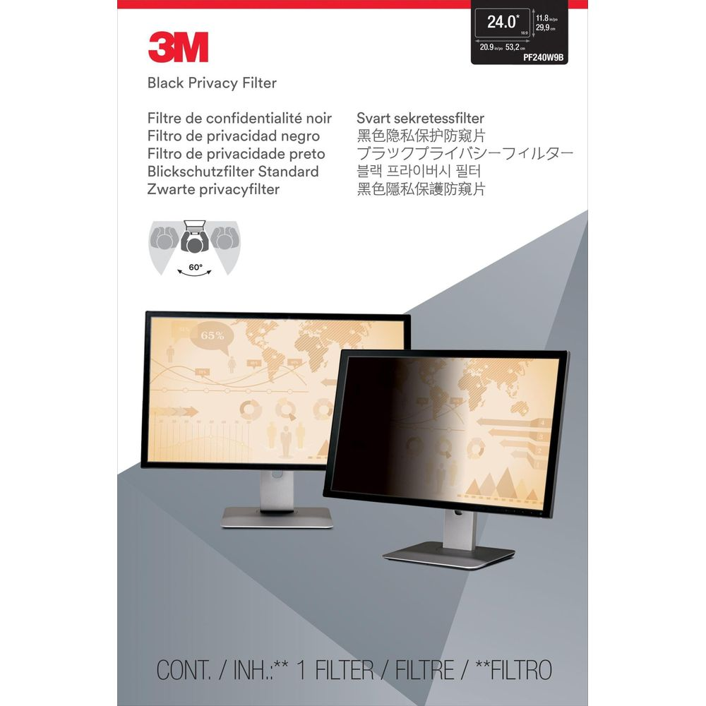 Zwei Monitore mit 3M Sichtschutzfiltern, einer mit 60° Winkel-Symbol.