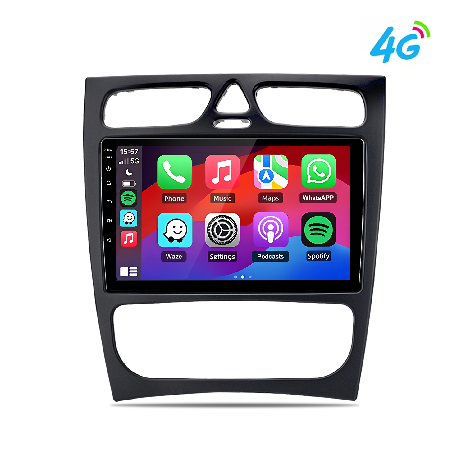 Un display autoradio 4G con icone app come Telefono, Musica e Mappe.