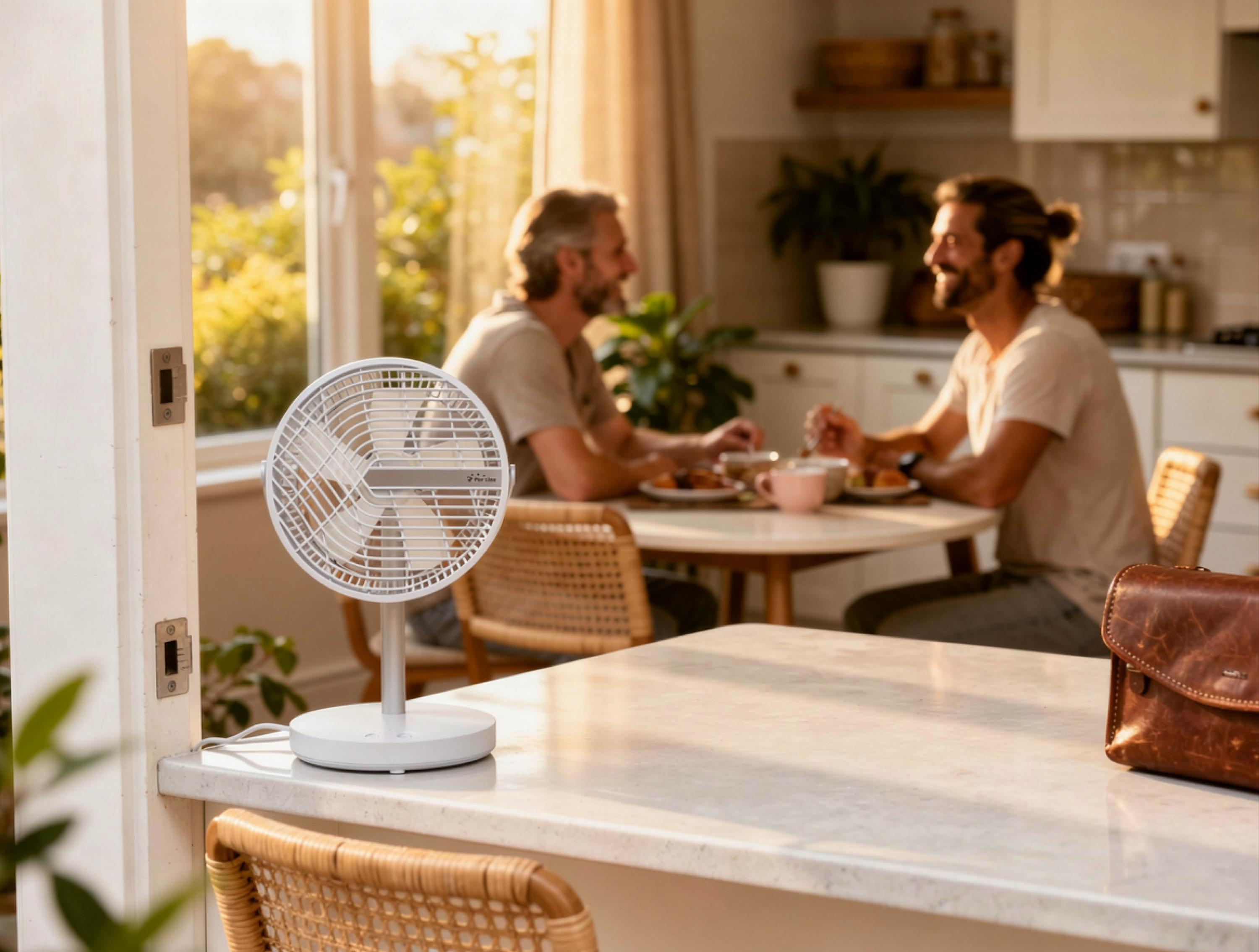 Un ventilatore bianco su un bancone di marmo. Due uomini seduti a un tavolo.