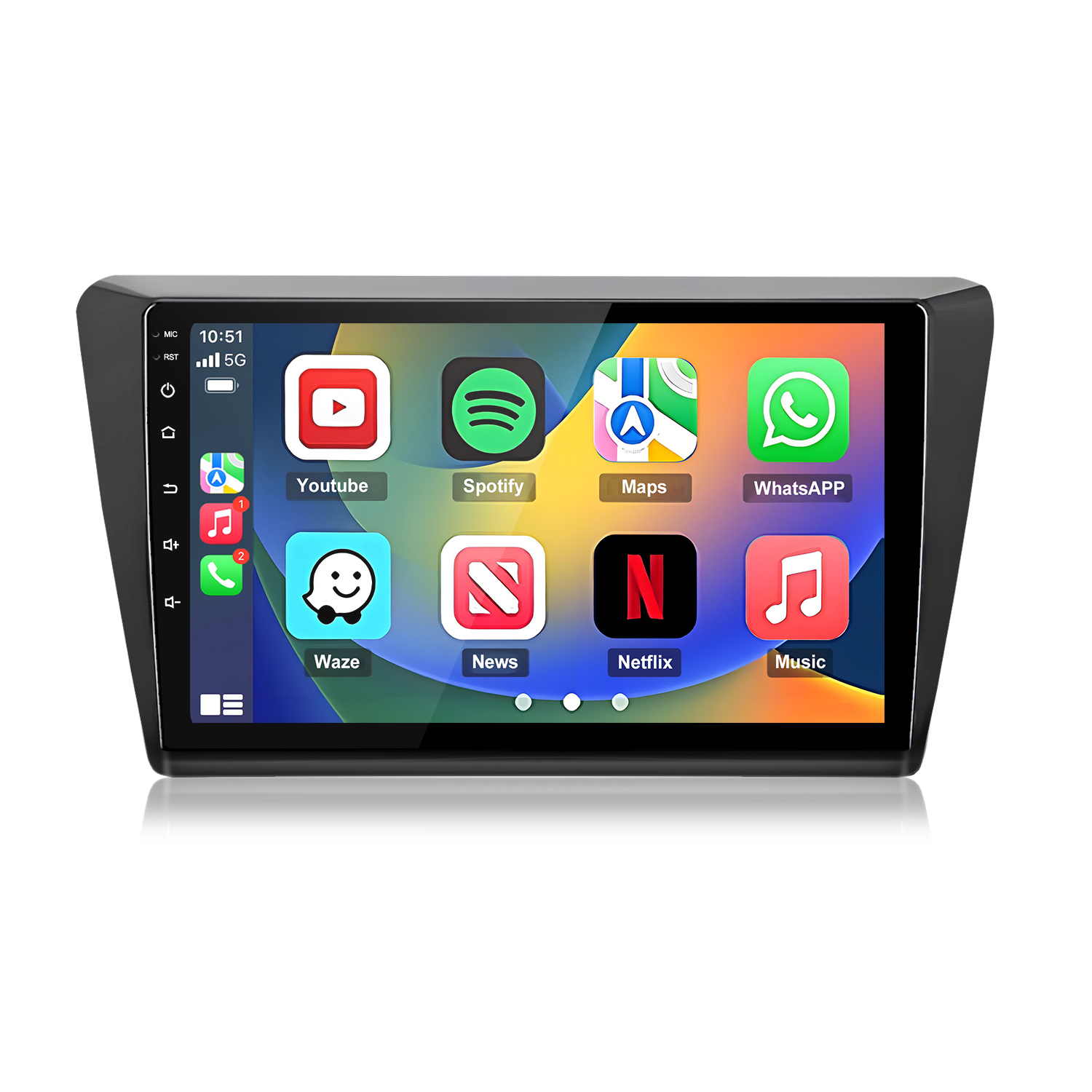 Ein Autoradio-Touchscreen mit App-Symbolen: YouTube, Spotify, Maps, WhatsApp, Waze, News, Netflix, Music.