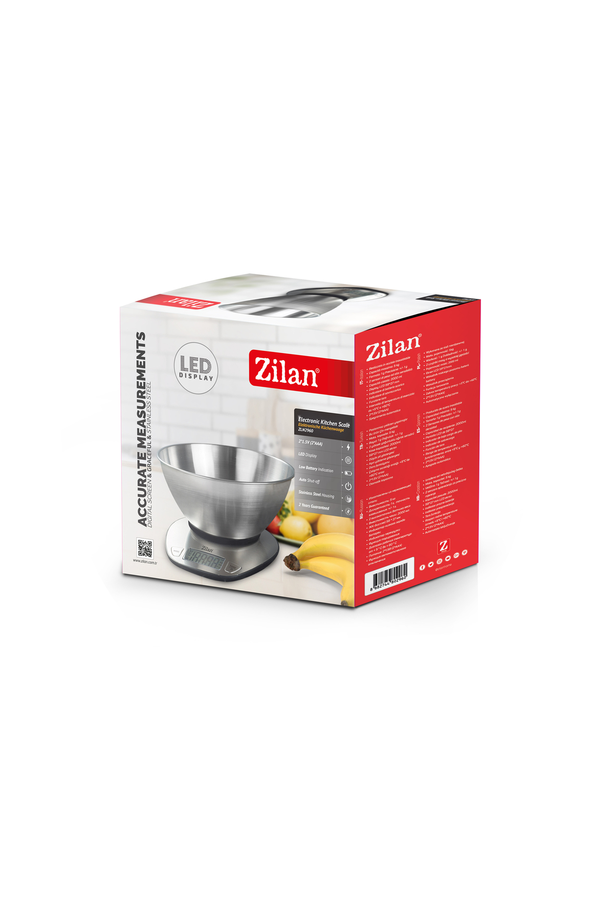 Zilan mutfak tartısı paslanmaz çelik hazne, LED ekran ve meyveler ile.