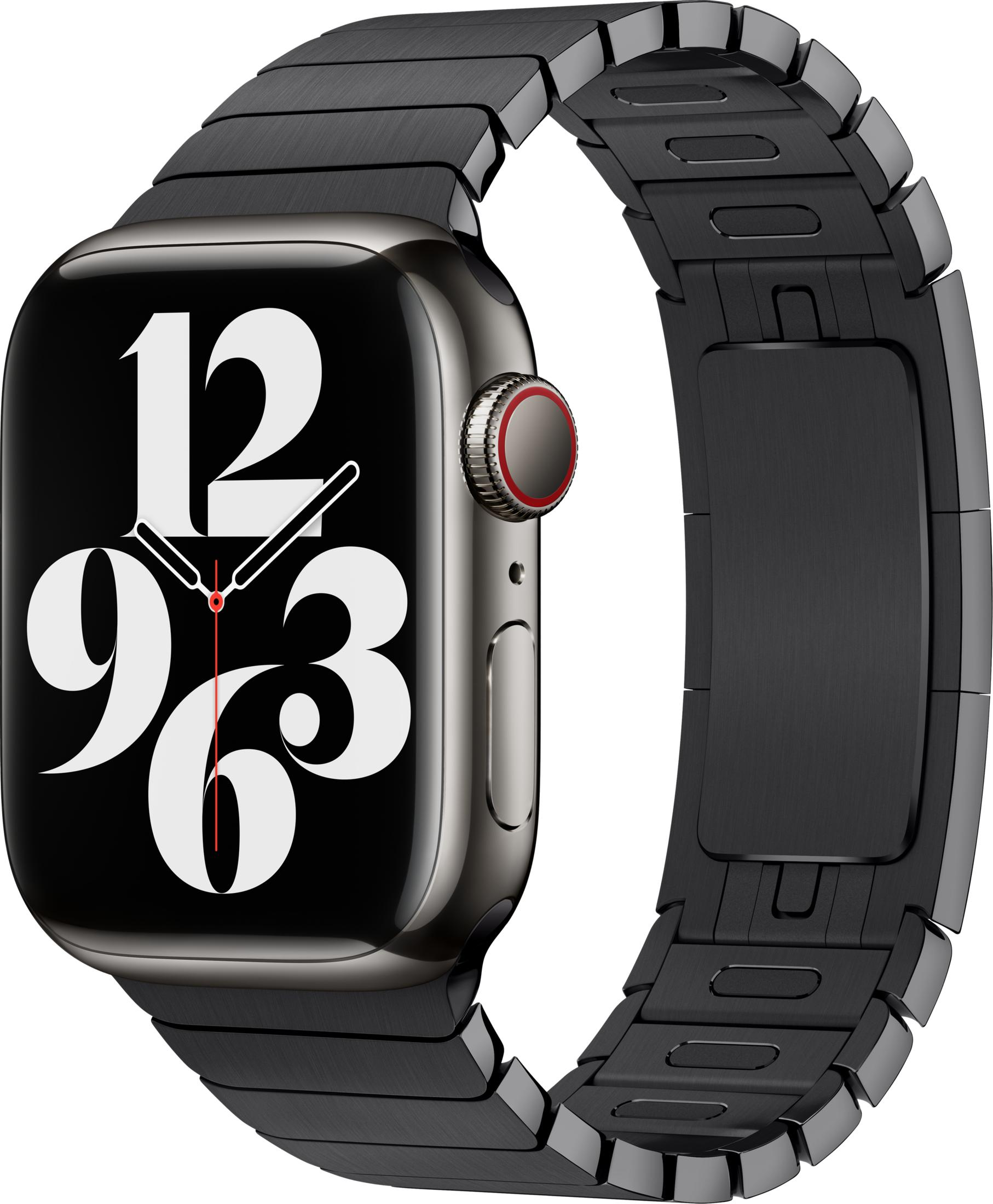 Ciemny smartwatch z czarną metalową bransoletą. Tarcza wyświetla białe cyfry.