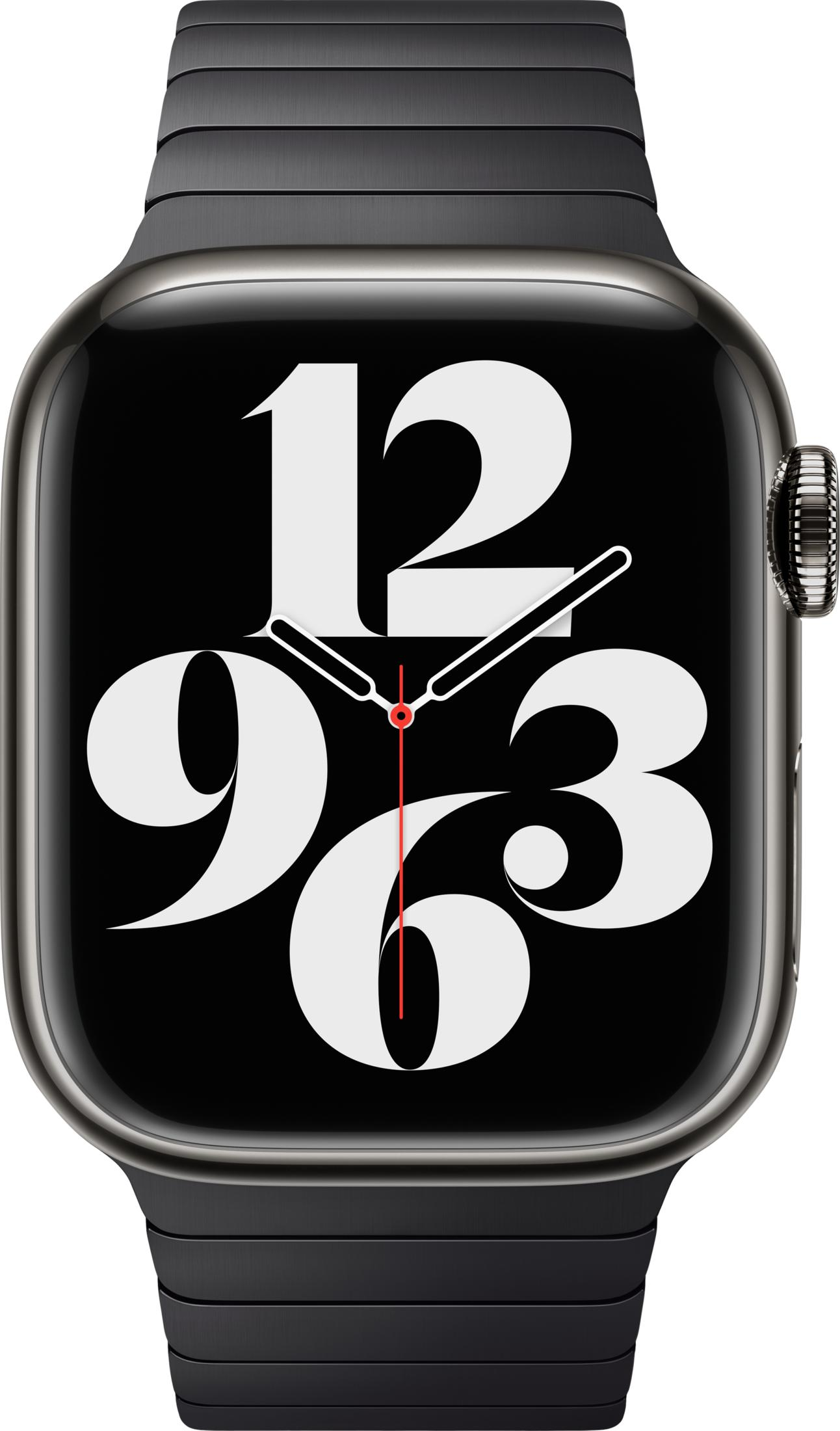 Szary smartwatch z czarną tarczą, białymi cyframi i czerwonymi detalami.