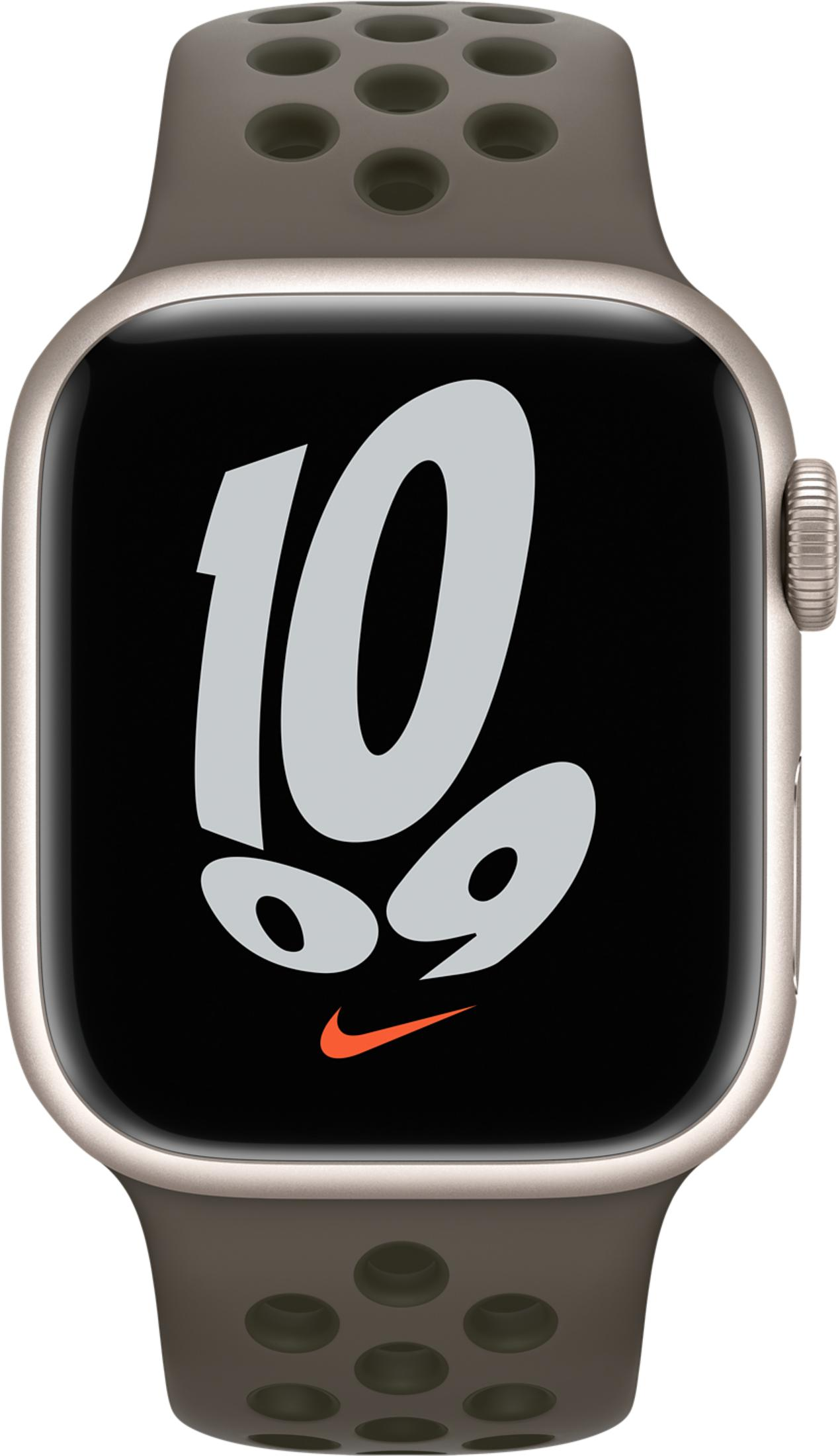 Gray smartwatch with watch face and Nike logo, perforated band.