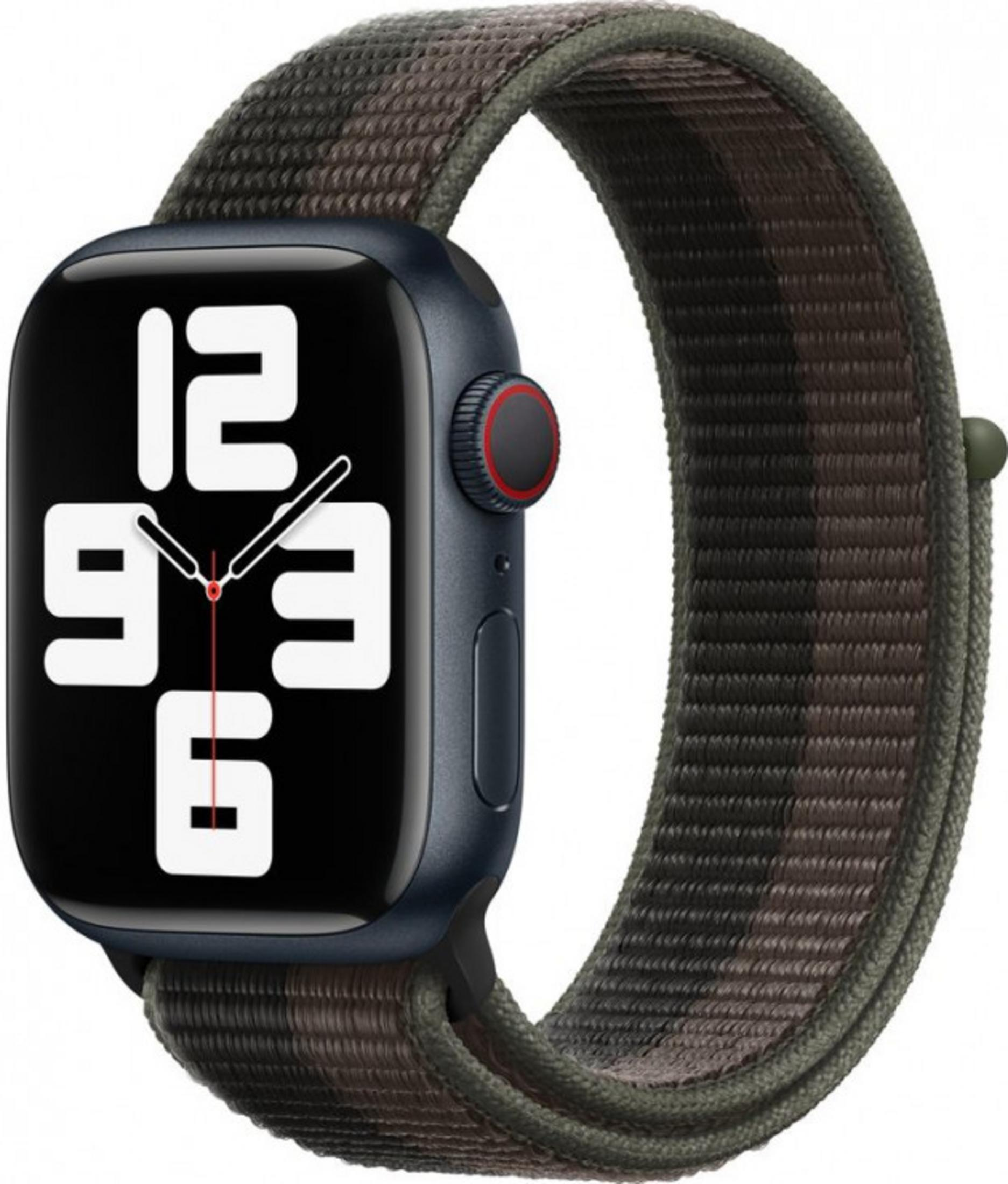 Ciemny smartwatch z wzorzystą bransoletą. Tarcza zegarka pokazuje duże białe cyfry.