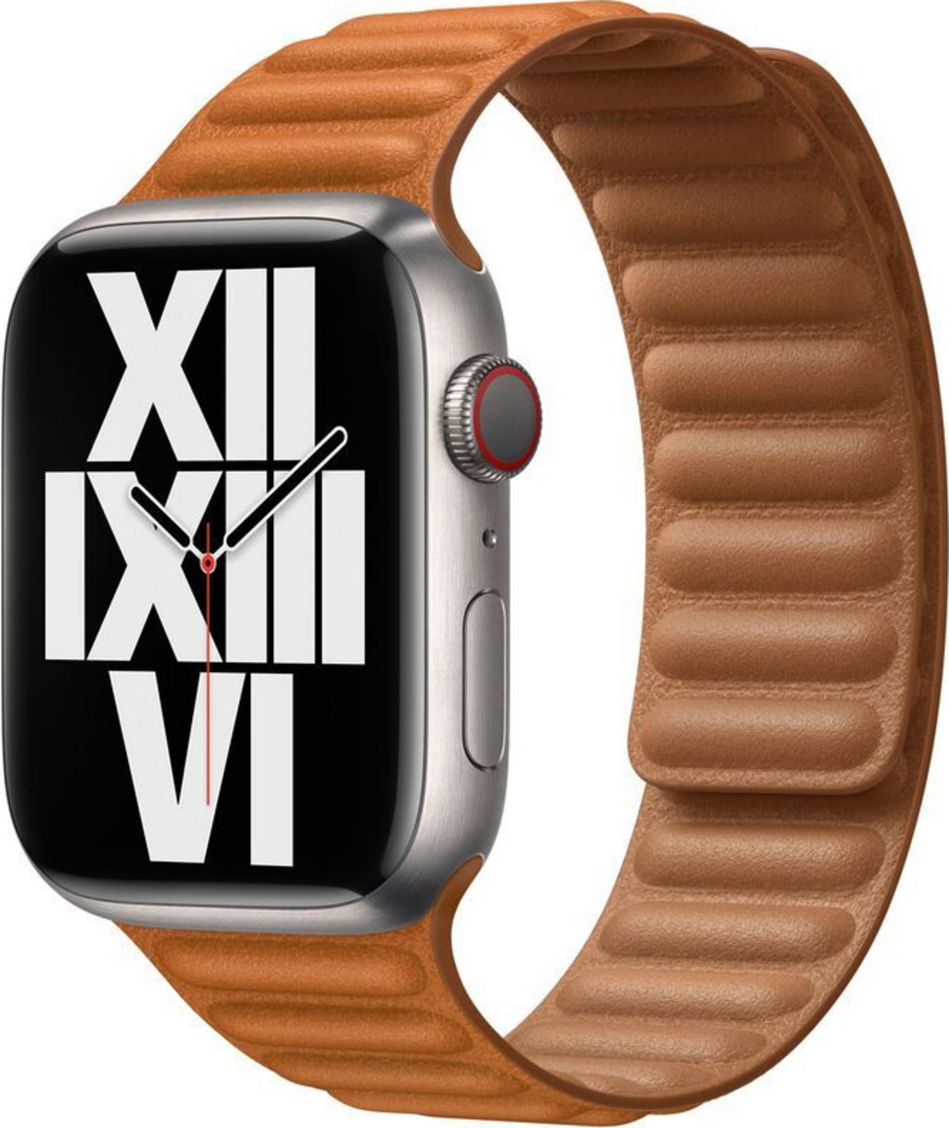 A silver smartwatch with a brown leather band, the watch face displays Roman numerals.