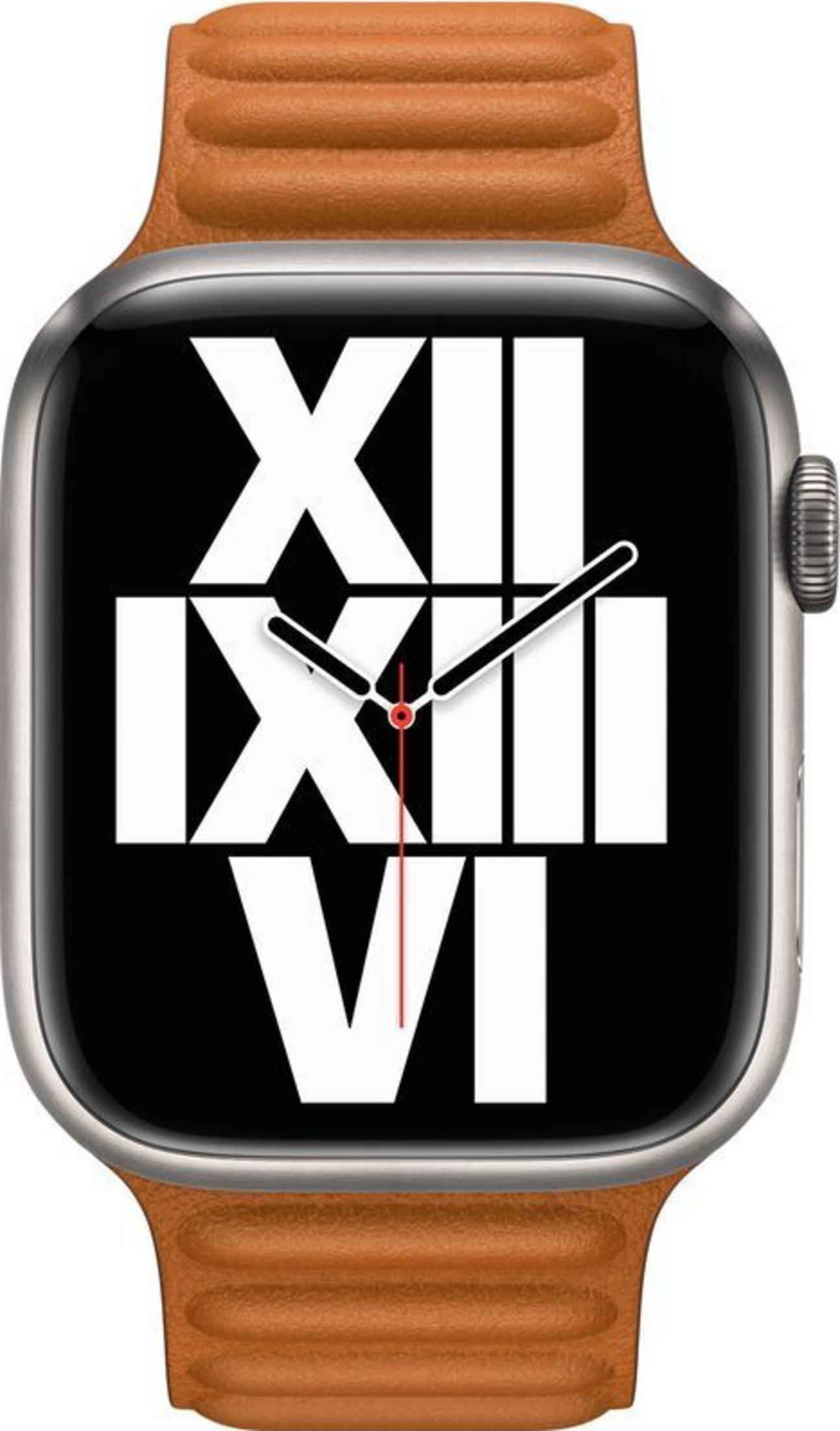 A smartwatch with a brown leather band and Roman numerals on the screen.