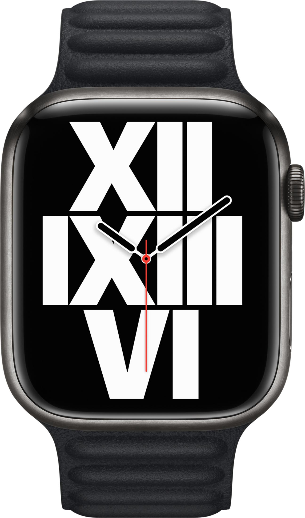 Een grijze smartwatch met een zwart display met witte Romeinse cijfers.
