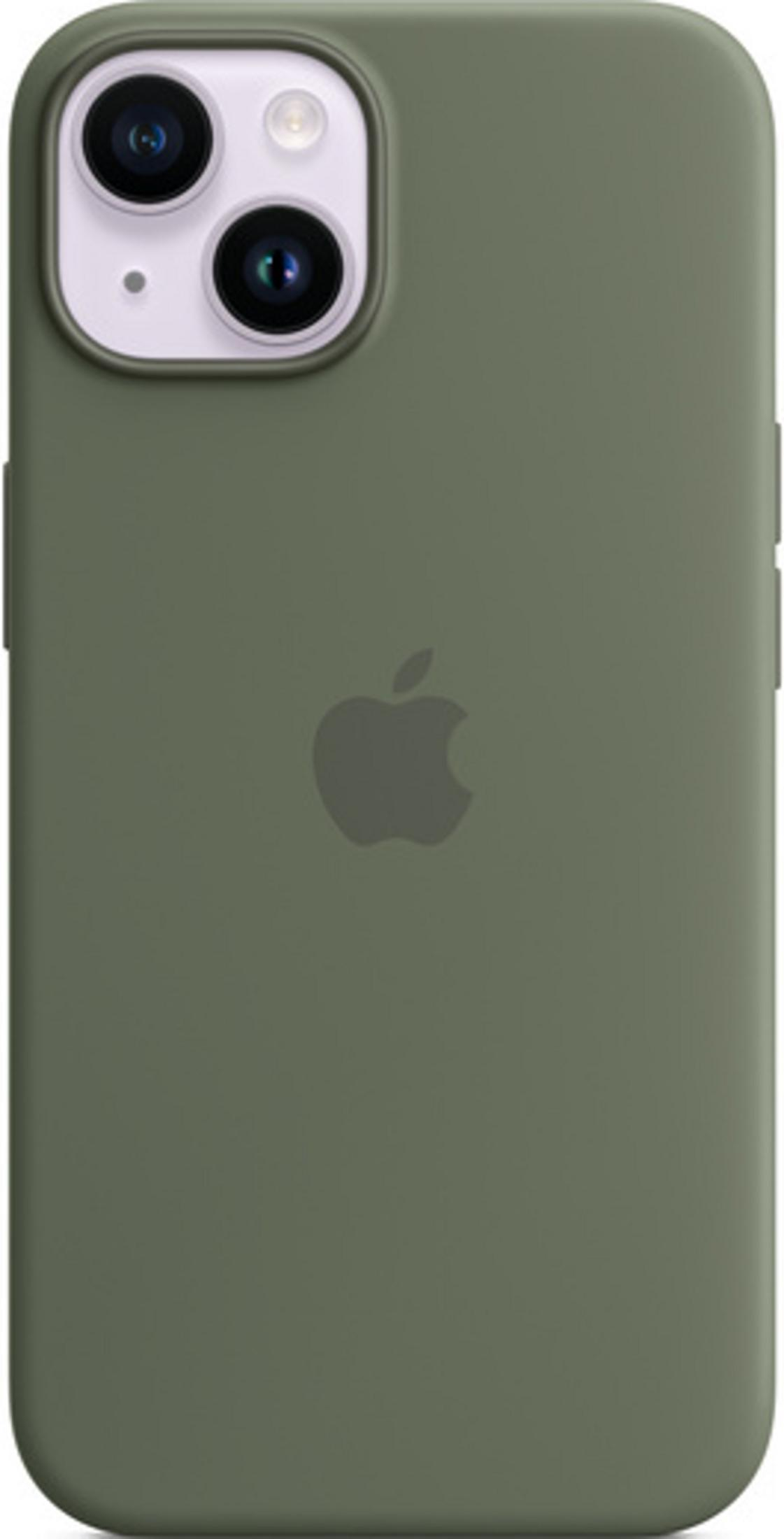 Zielone etui na iPhone z logo Apple i obiektywami.