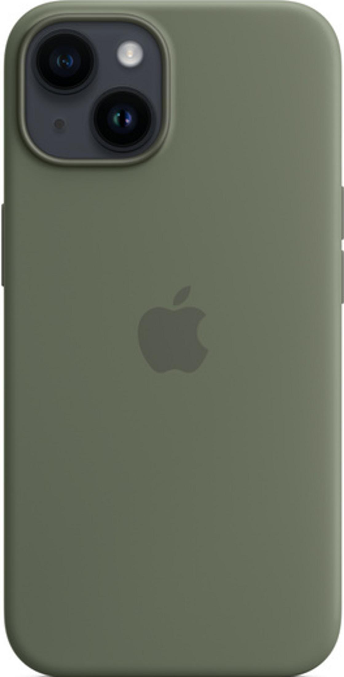 Oliwkowozielone etui na iPhone z logo Apple i wyspą kamery.
