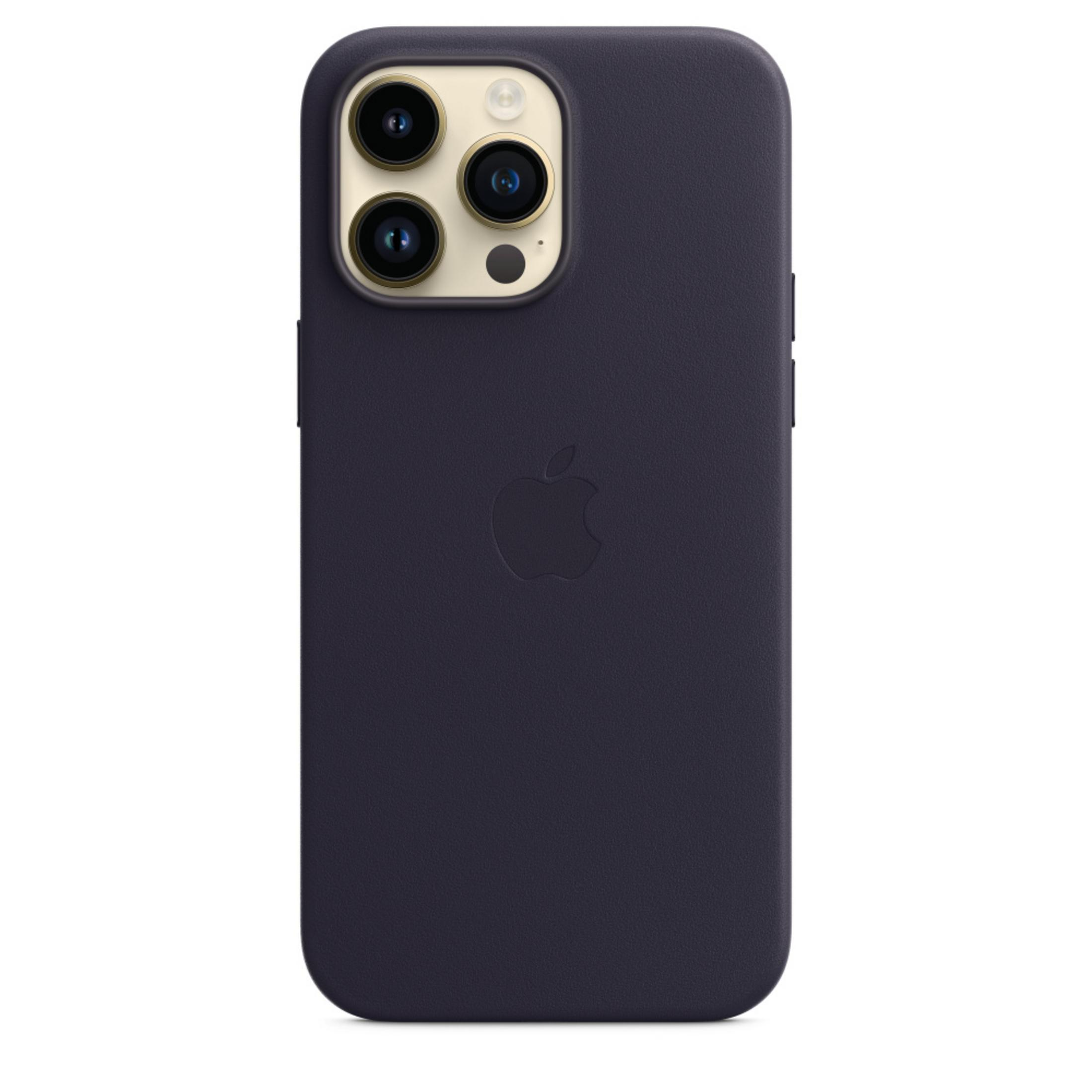 Donkerblauwe iPhone hoes met Apple logo en driedubbele camera-uitsparing.