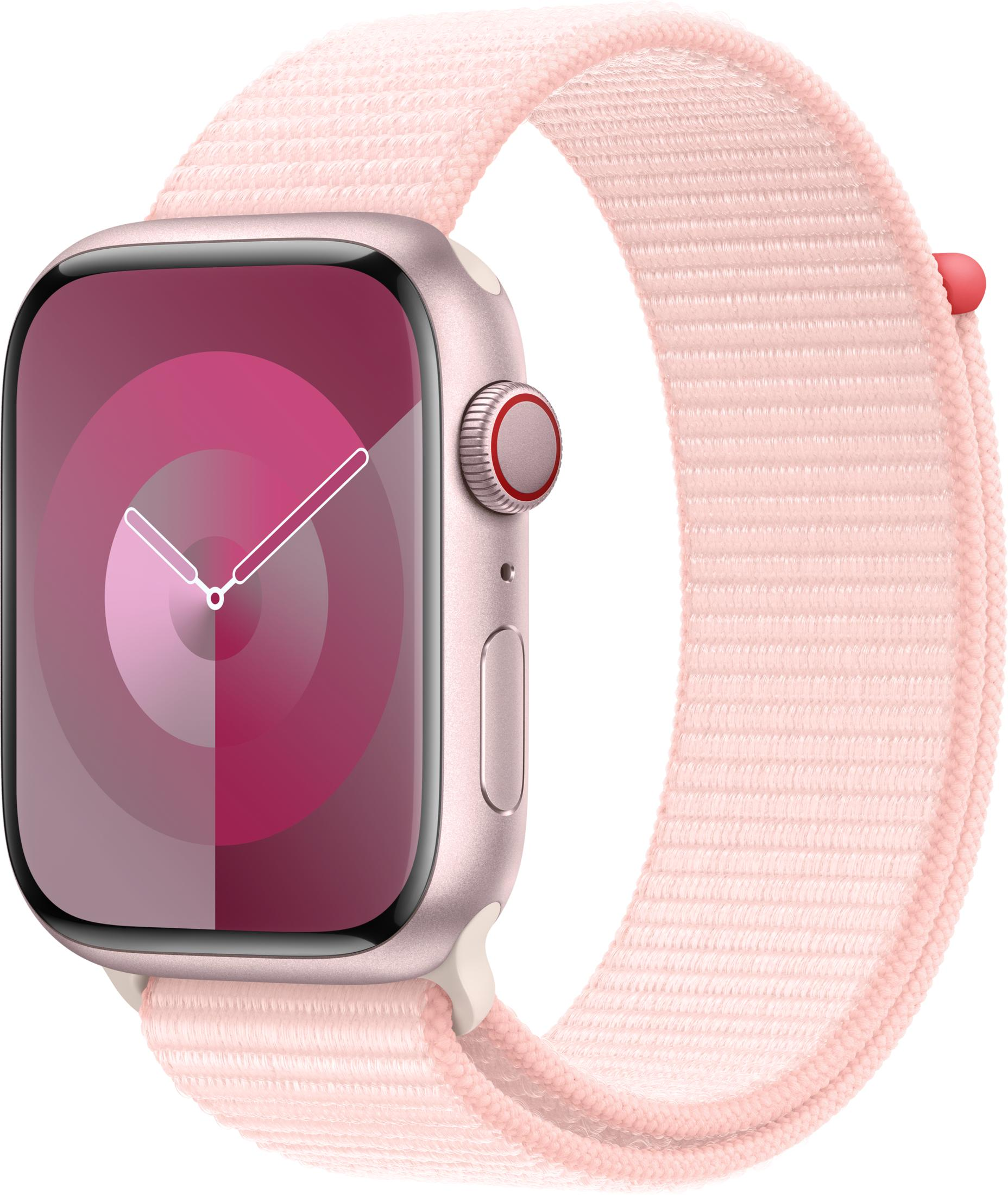 Een roze smartwatch met een roze stoffen band en een roze wijzerplaat.