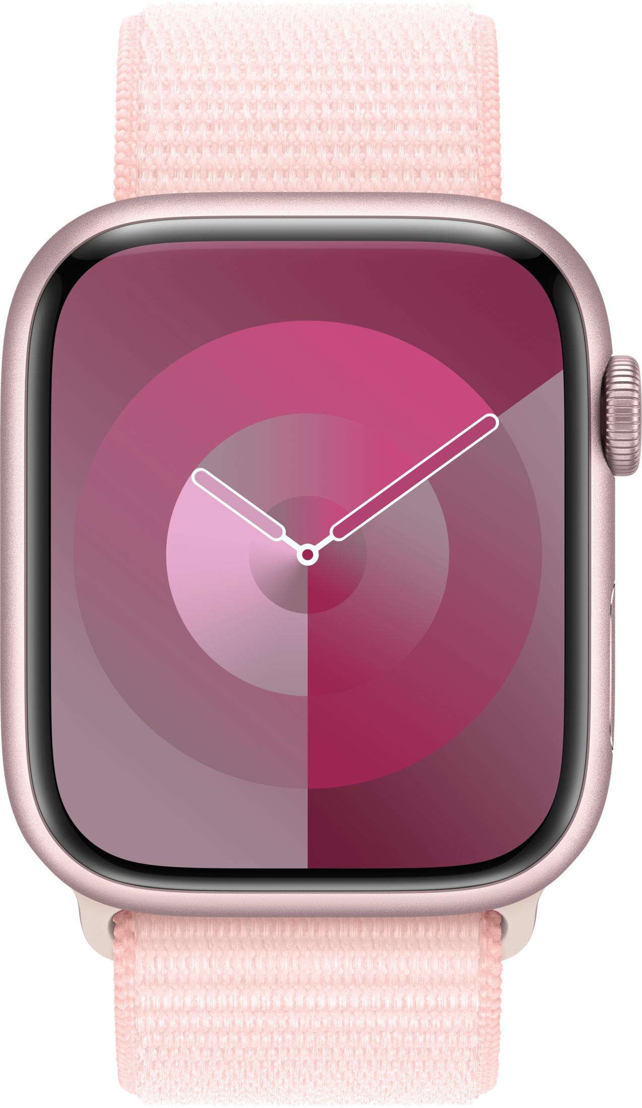 Een roségouden smartwatch met een roze band en een roze/paars wijzerplaat.
