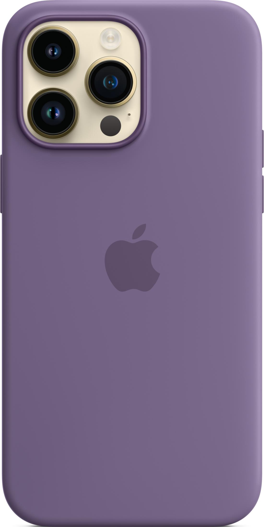 Purple phone case with Apple logo and three camera lenses.