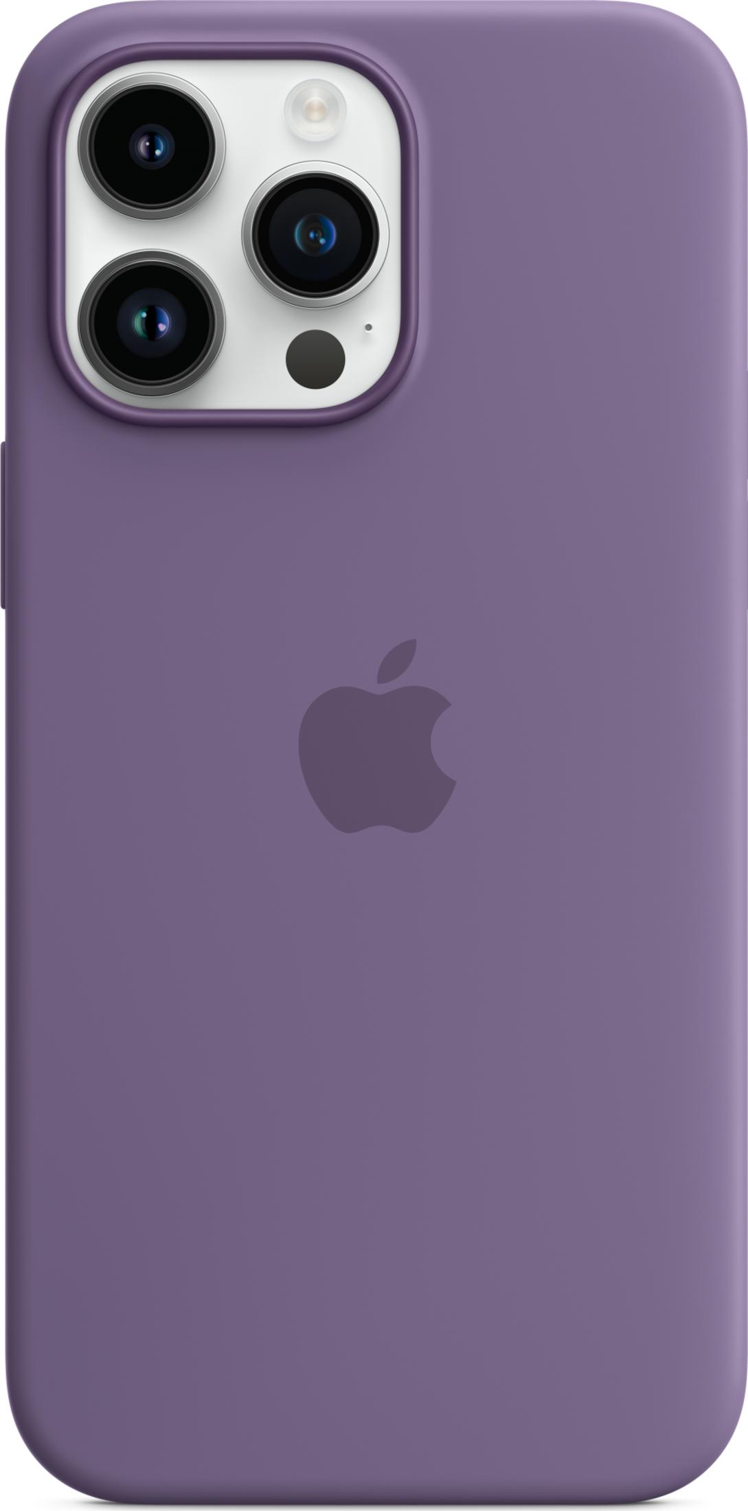 Purple iPhone case with Apple logo and triple camera.