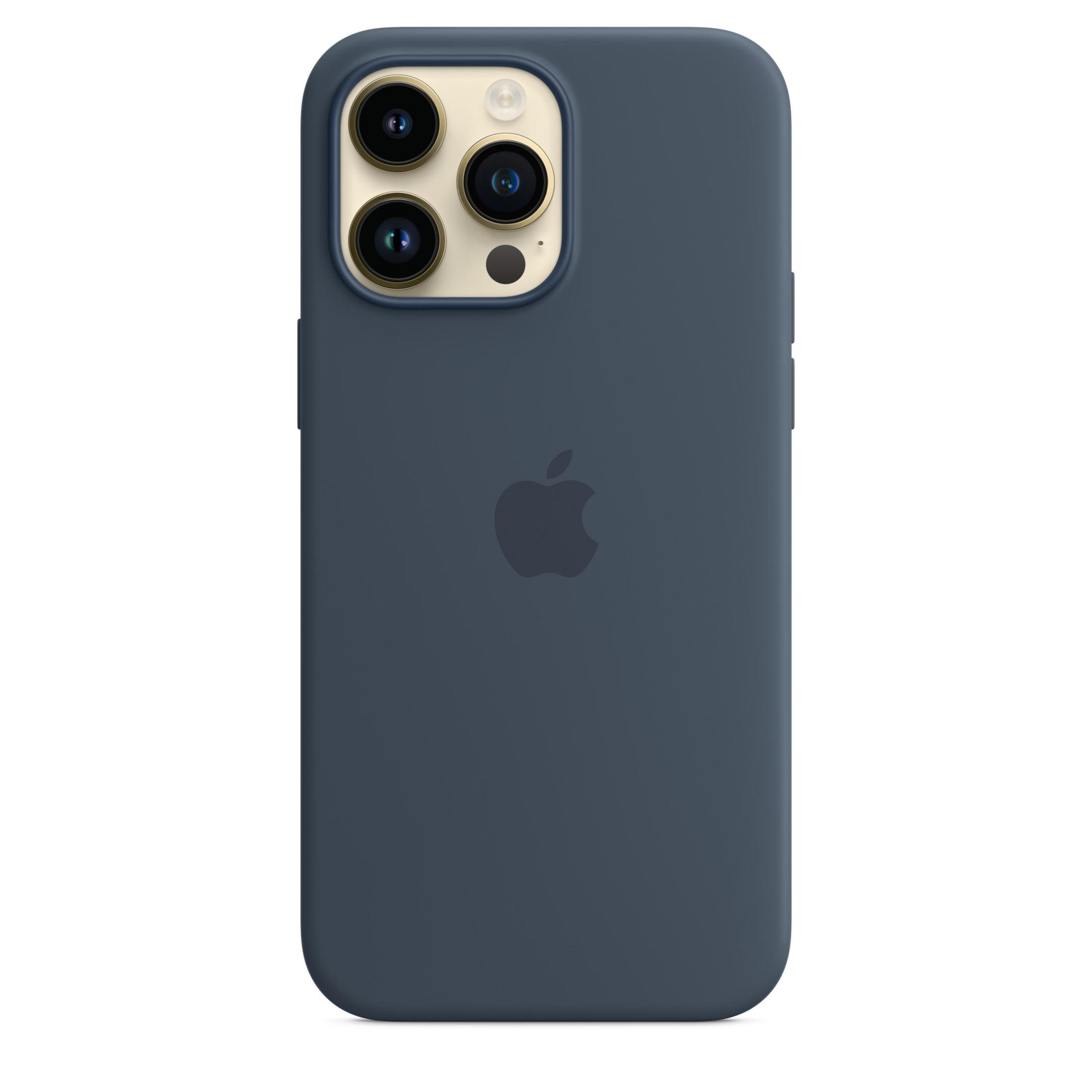 Granatowe etui na iPhone z logo Apple i wycięciem na potrójny aparat.