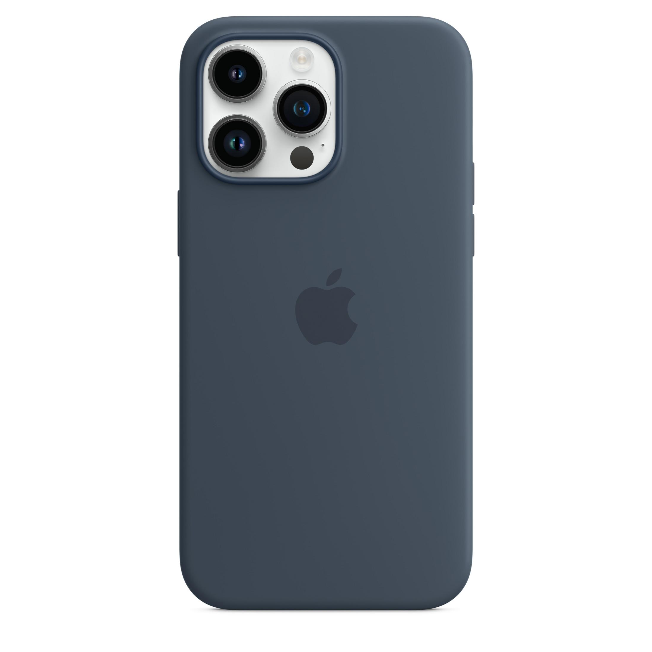 Granatowe etui na telefon z logo Apple i modułem aparatu.