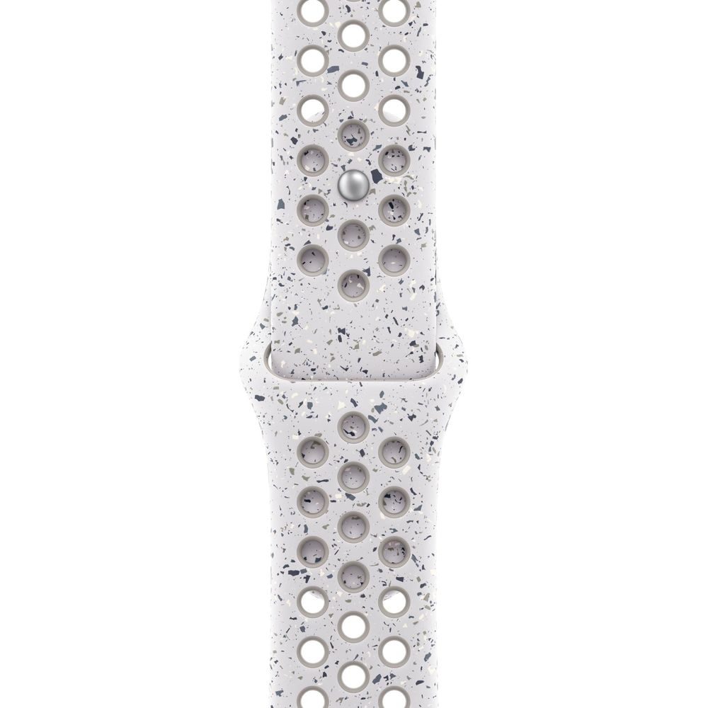 Szara bransoleta do zegarka z perforowanym wzorem i nakrapianym wzorem.